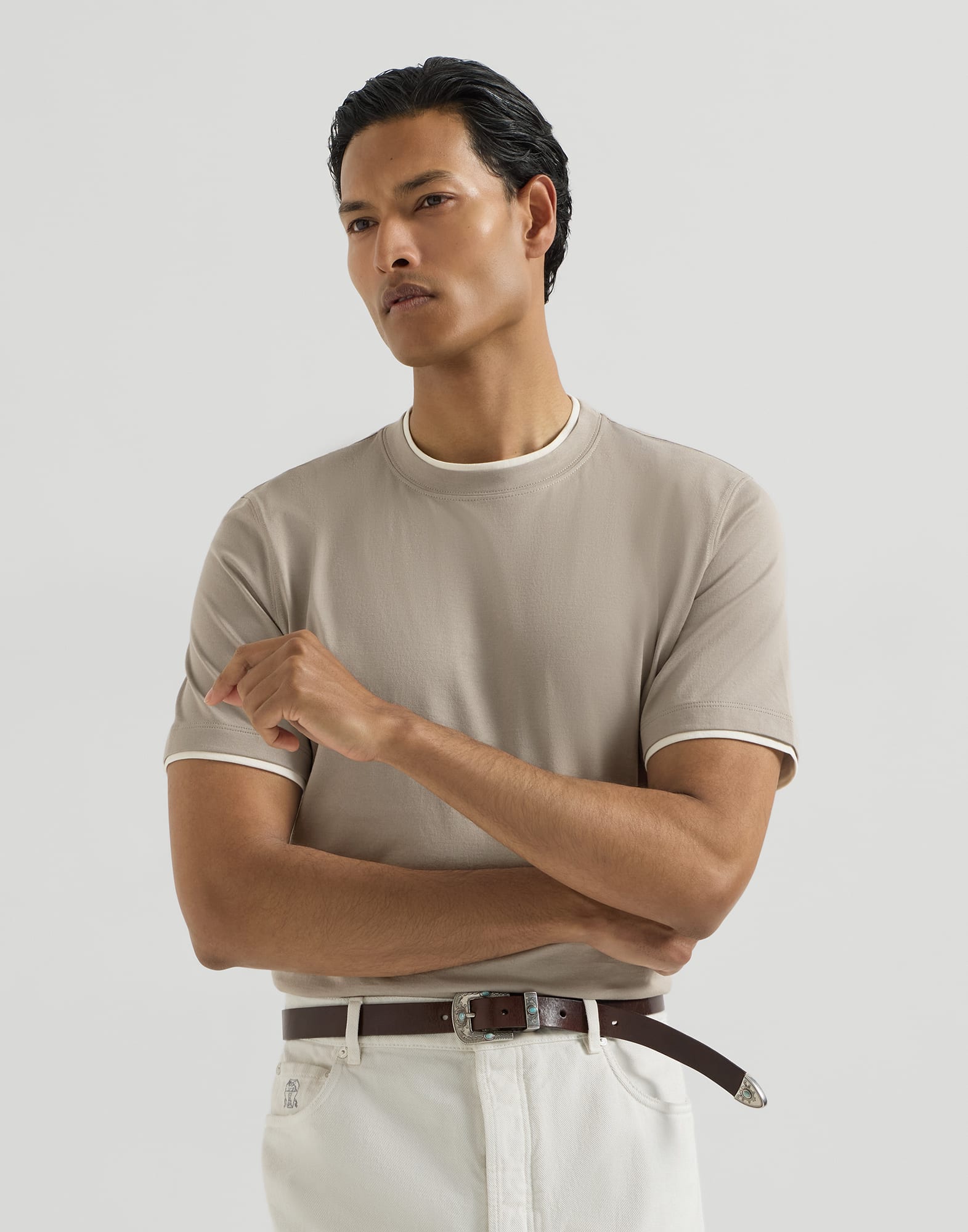 T-shirt with faux-layering for Man in Grey | Brunello Cucinelli