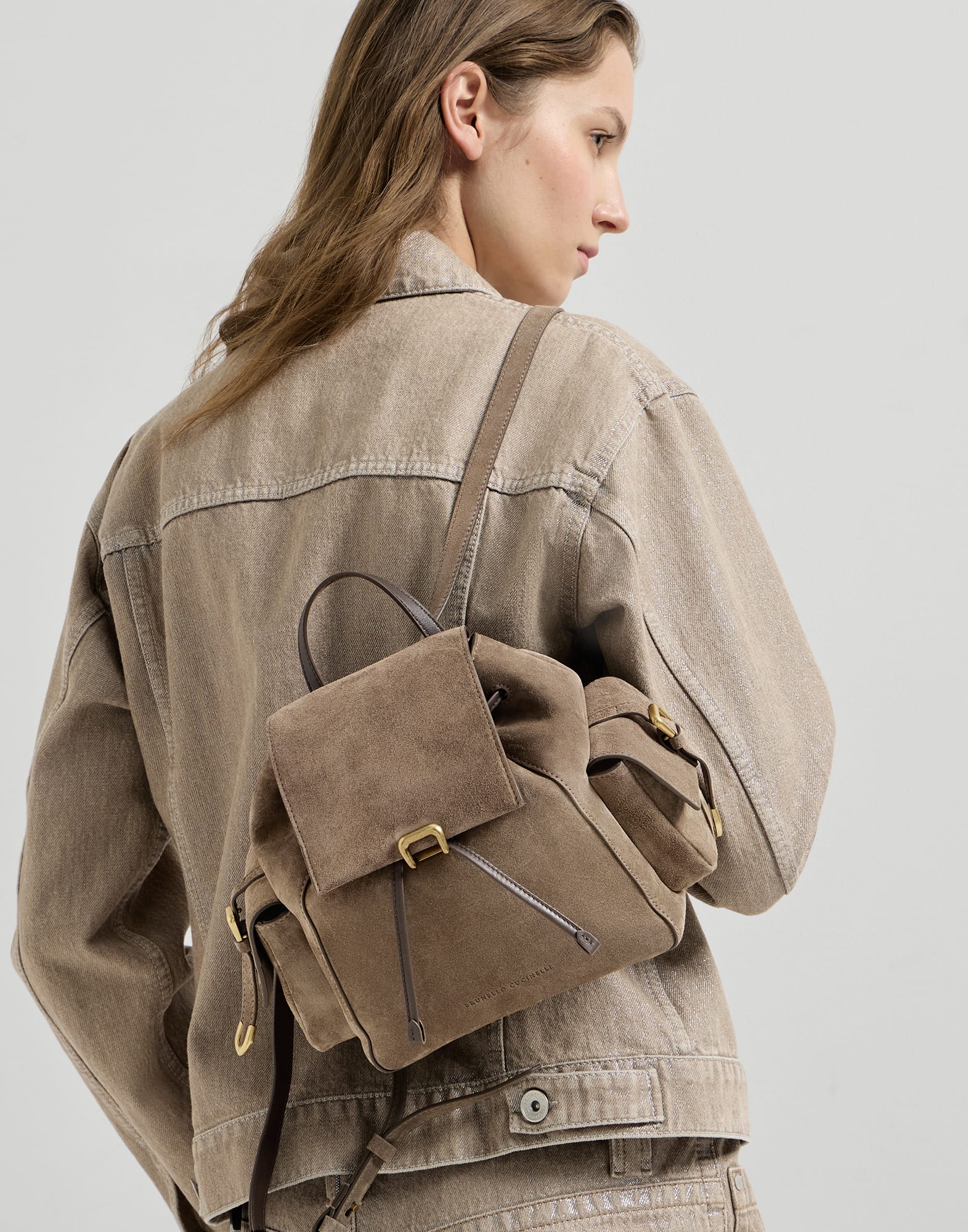 Suede sartorial backpack for Woman in Bark | Brunello Cucinelli
