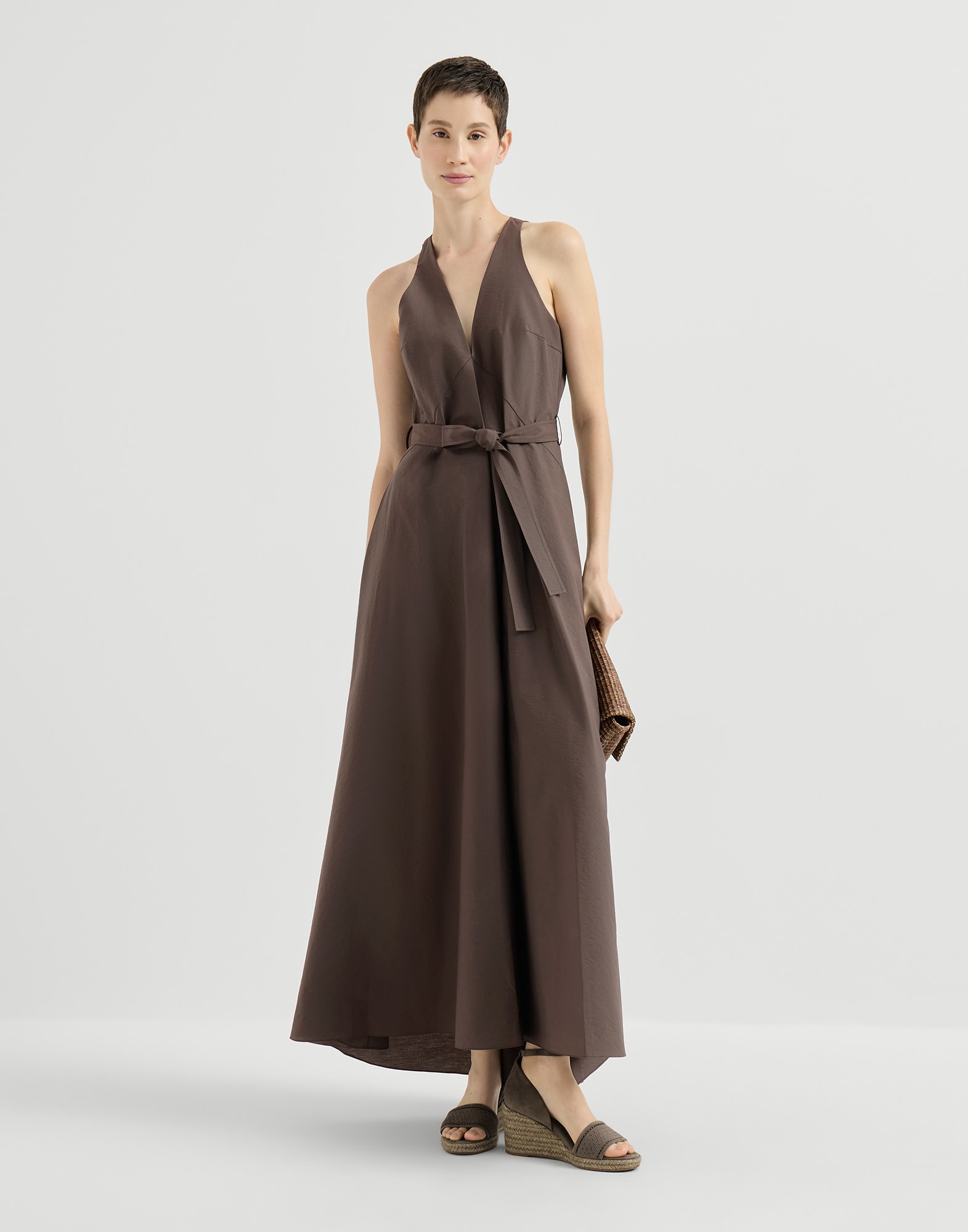 Poplin belted dress for Woman in Chocolate | Brunello Cucinelli