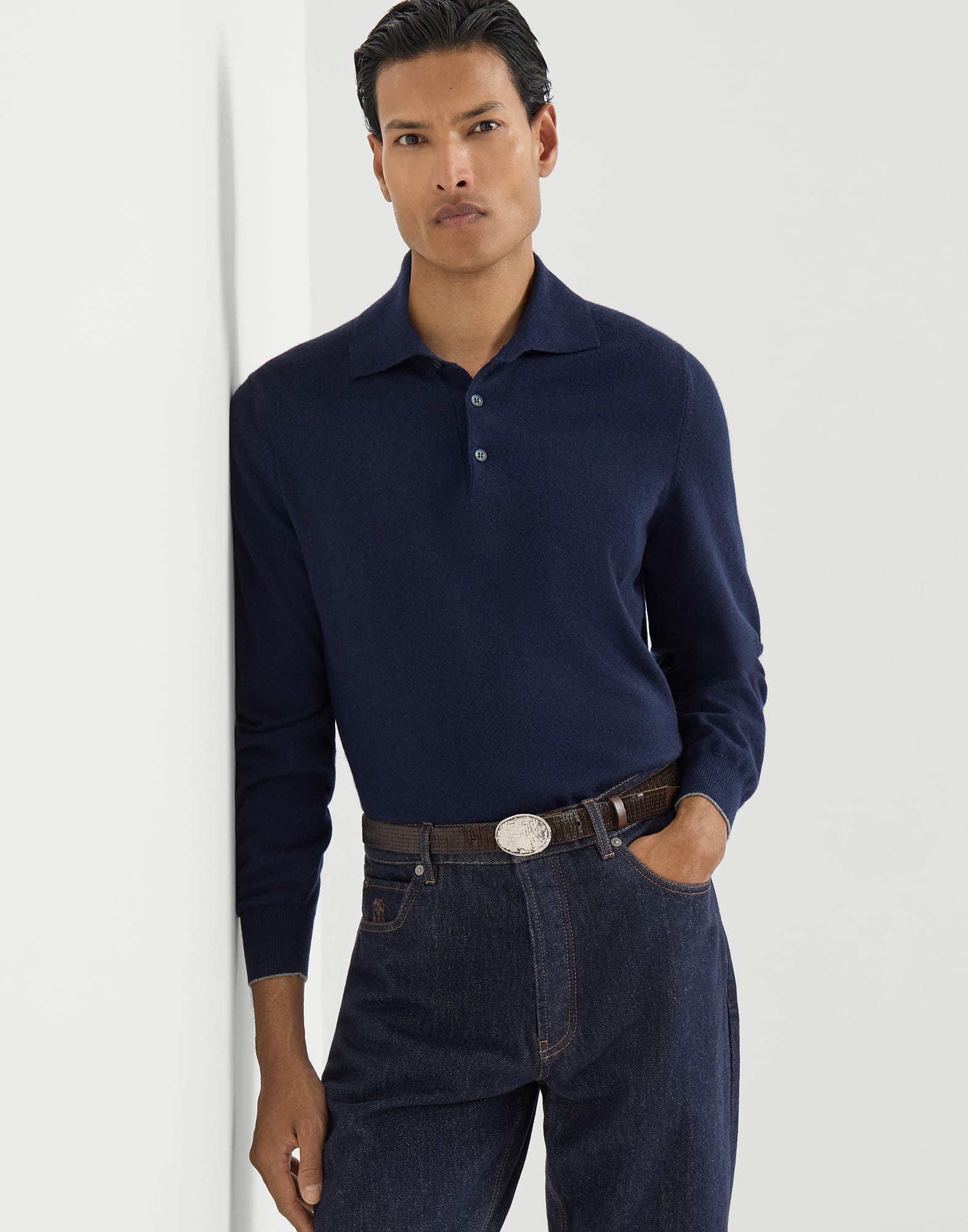 BRUNELLO CUCINELLI ニットポロシャツ ネイビー　48 メンズ 向け デニムブルー カシミヤ ニットポロシャツ | Brunello