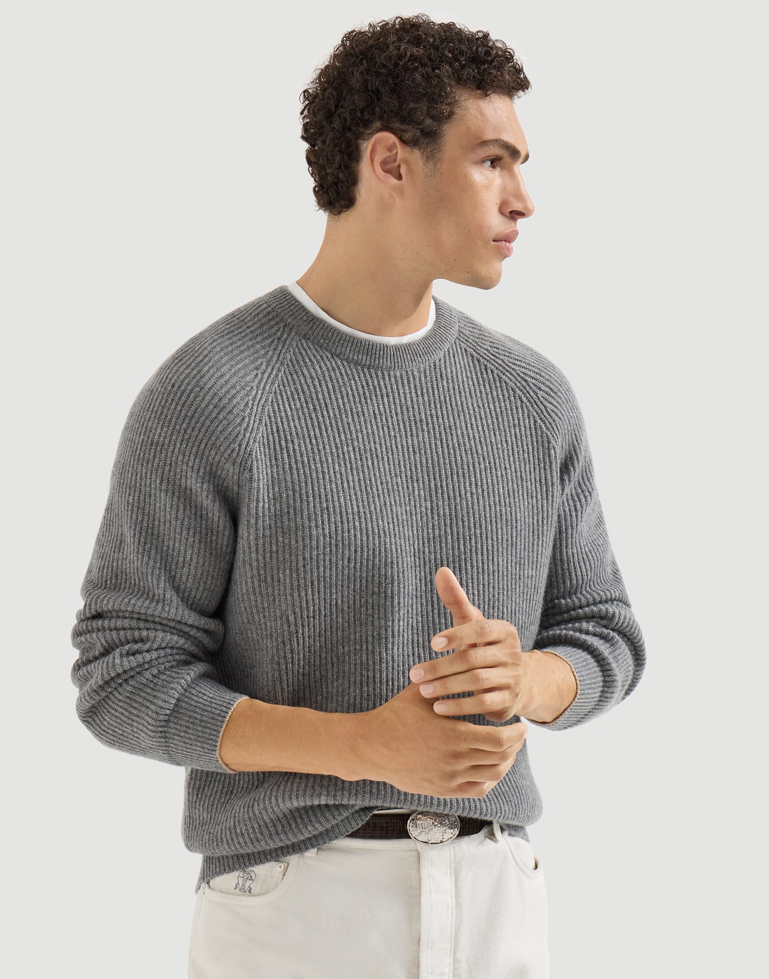 BRUNELLO CUCINELLI　クチネリ　サマーニット　長袖　44　グレー Cashmere English rib sweater for Man in Sand | Brunello Cucinelli