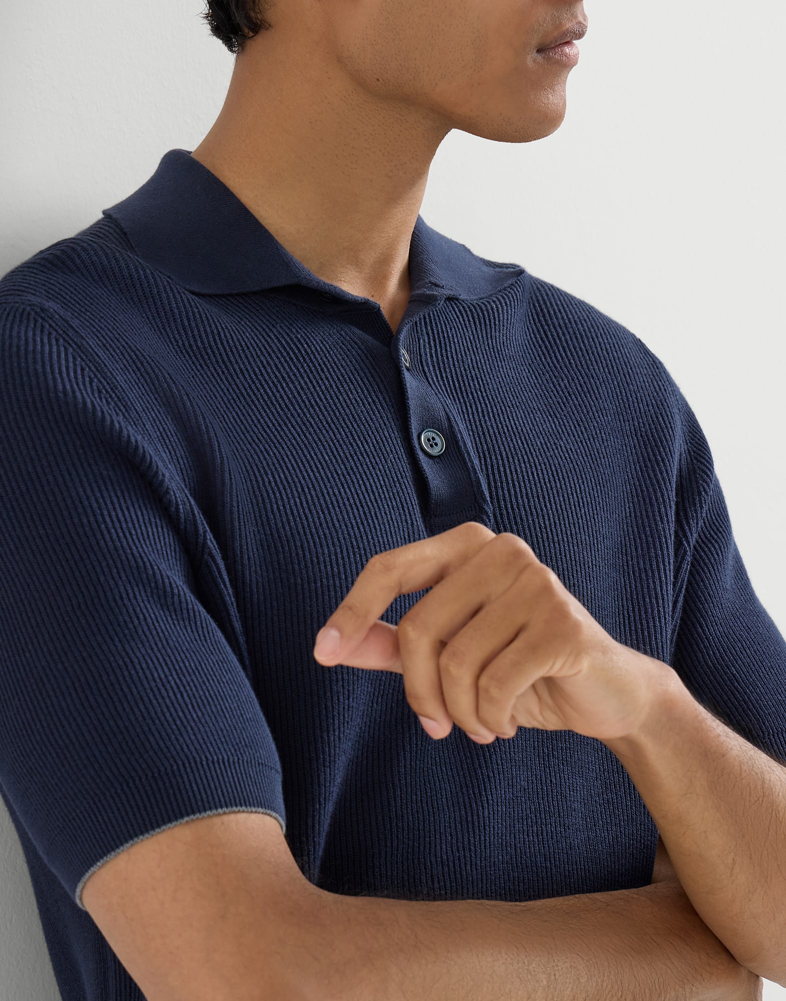 Cotton English rib knit polo shirt for Man in Navy Blue | Brunello