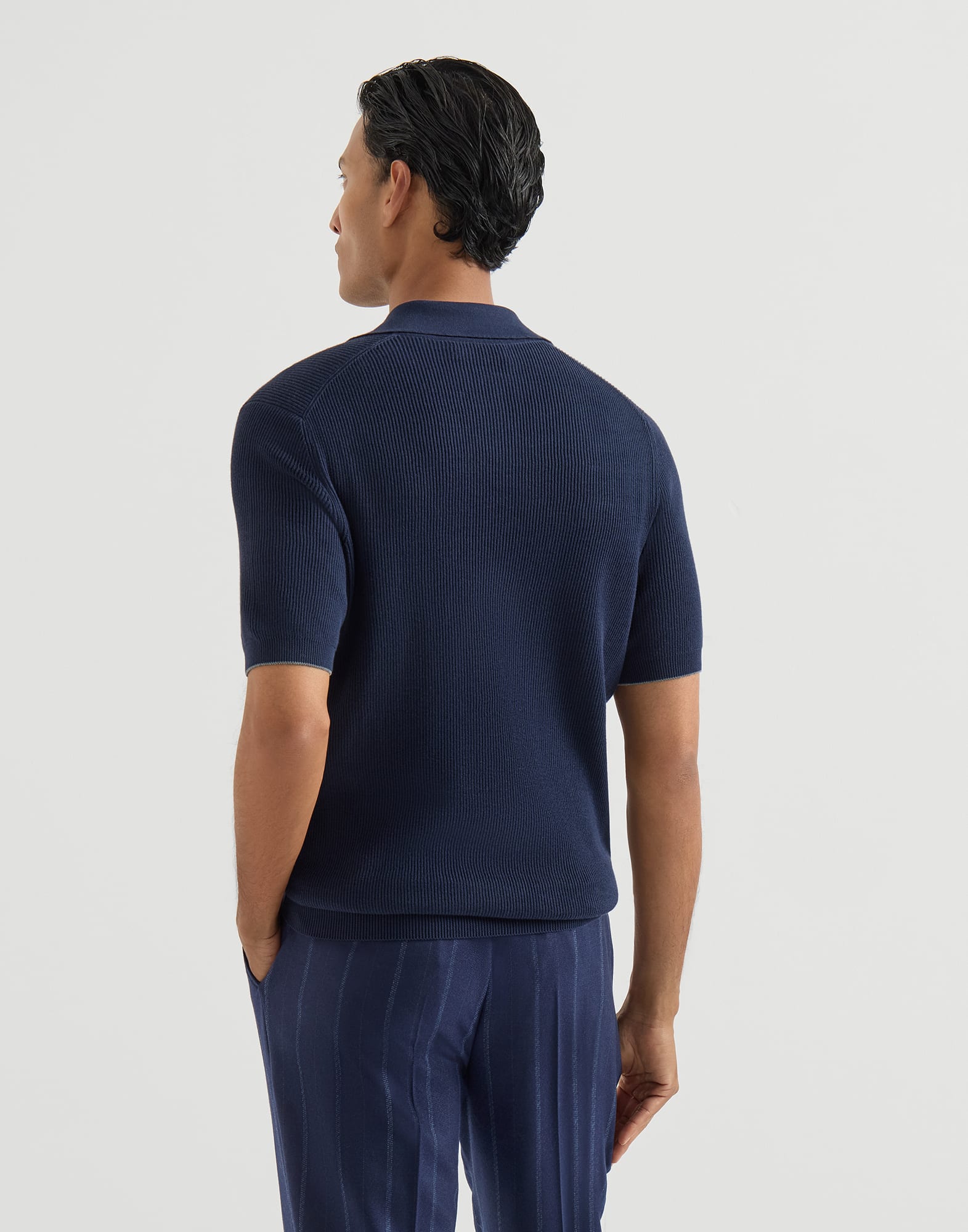 Cotton English rib knit polo shirt for Man in Navy Blue | Brunello