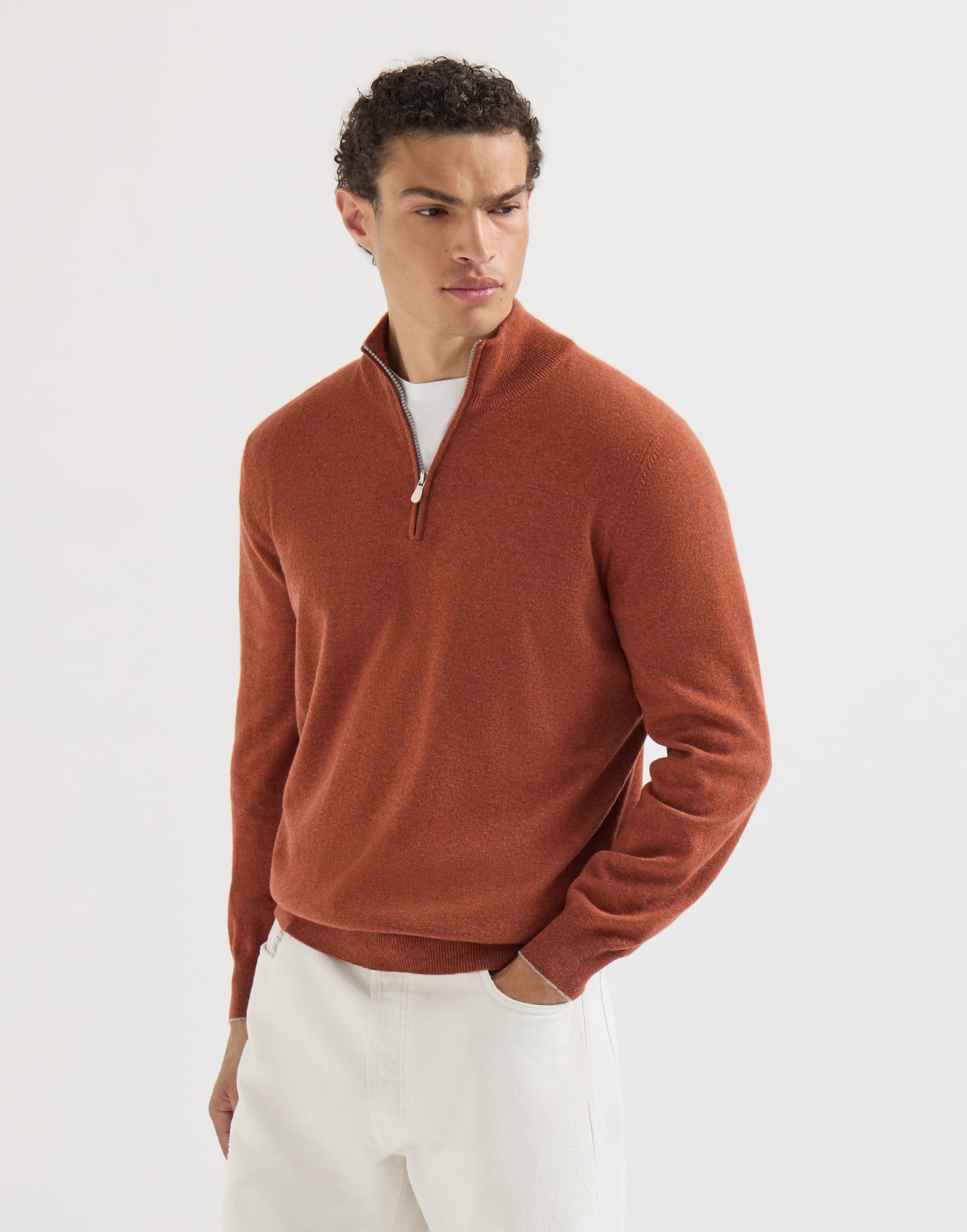 BRUNELLO CUCINELLI カシミヤ ジップアップセーター メンズ 向け グレー ジップ付き カシミヤ セーター | Brunello Cucinelli