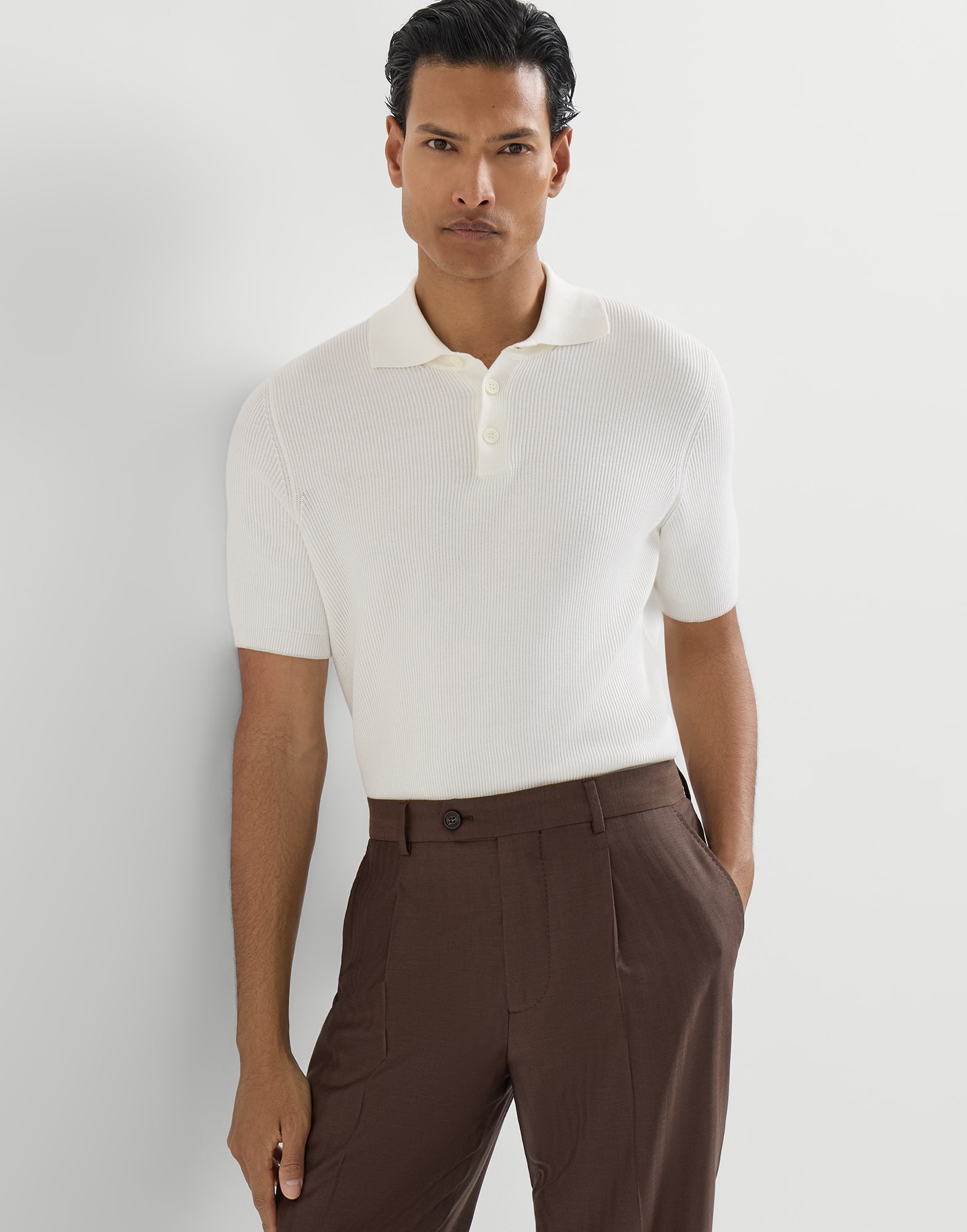 Cotton English rib knit polo shirt for Man in Navy Blue | Brunello