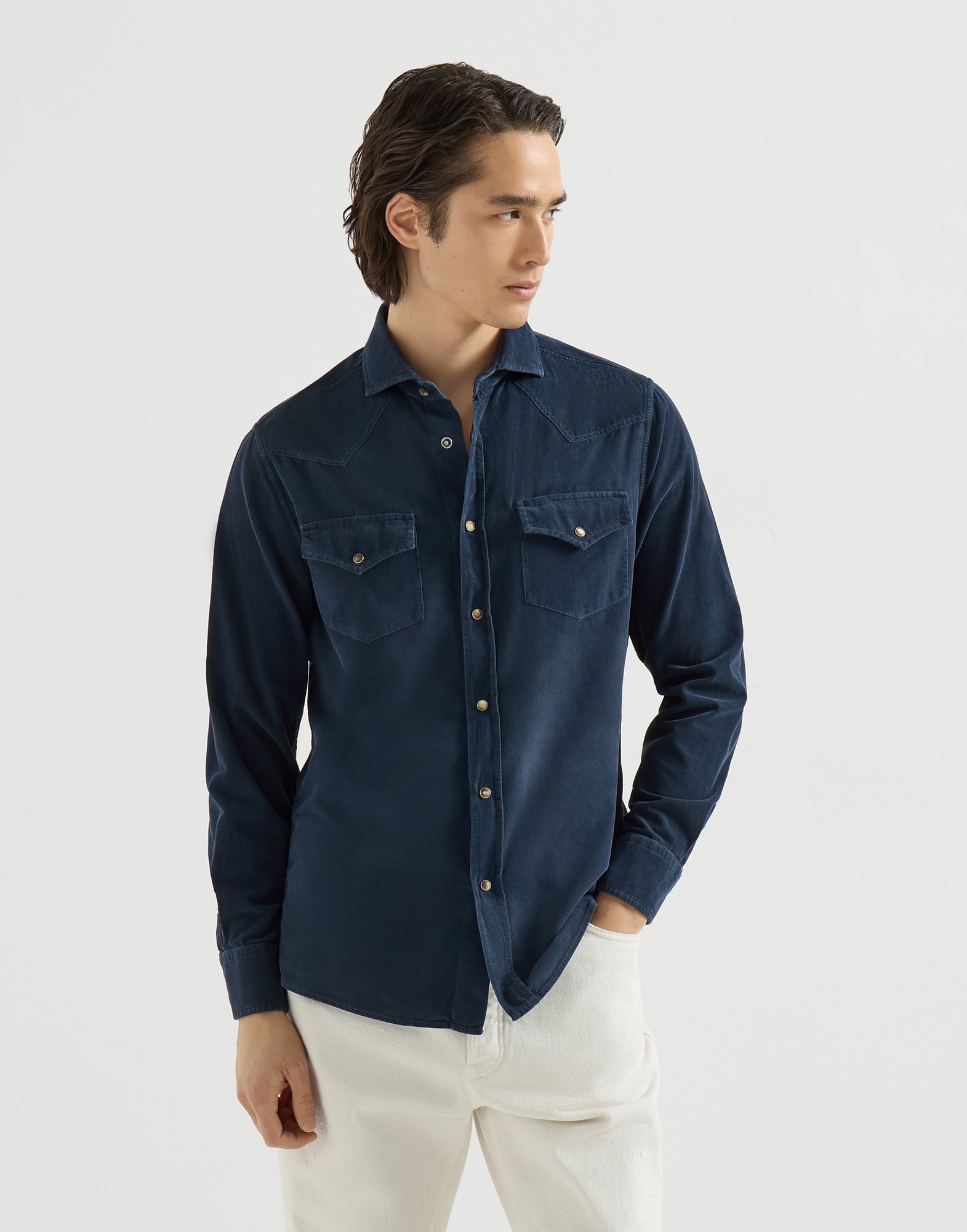 Corduroy shirt for Man in Blue | Brunello Cucinelli