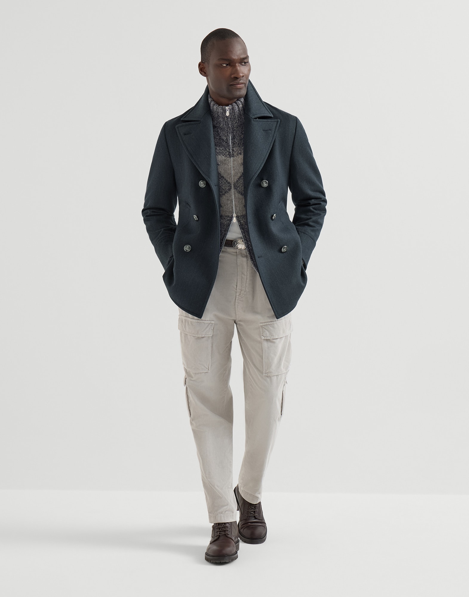 メンズ 向け ブルー キャバルリーツイル ピーコート | Brunello Cucinelli