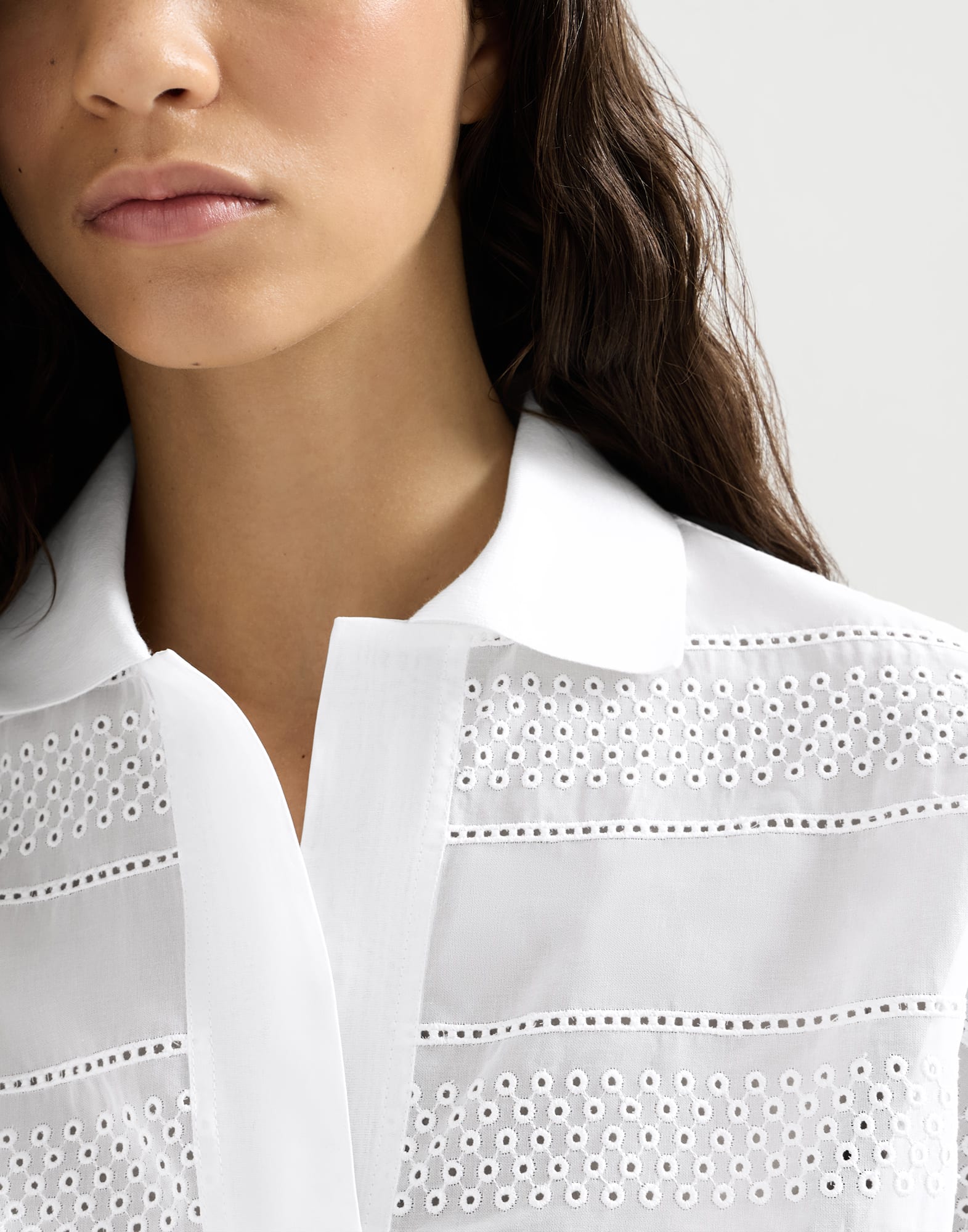Broderie anglaise cropped polo for Woman in White | Brunello Cucinelli