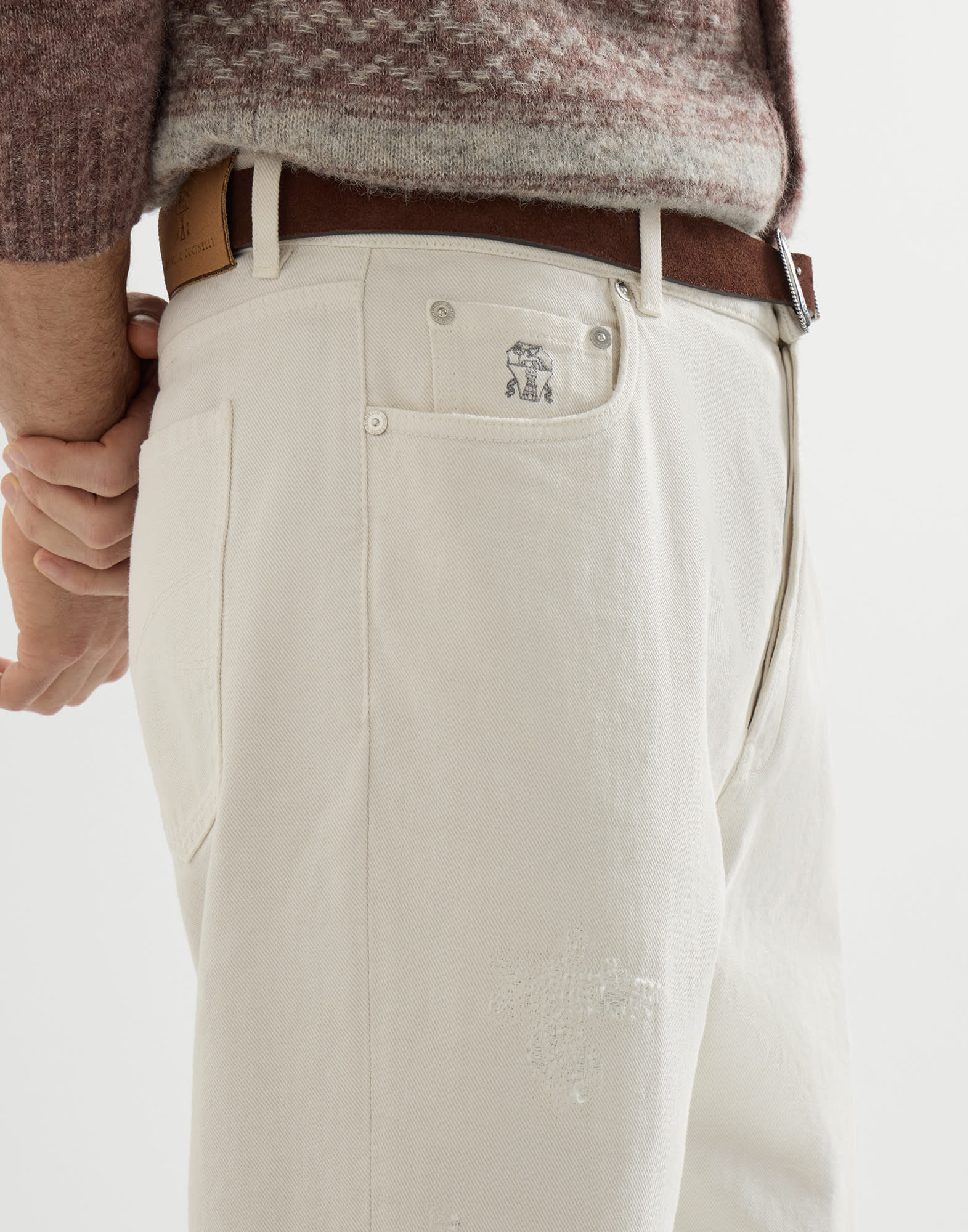 Garment-dyed denim trousers for Man in White | Brunello Cucinelli