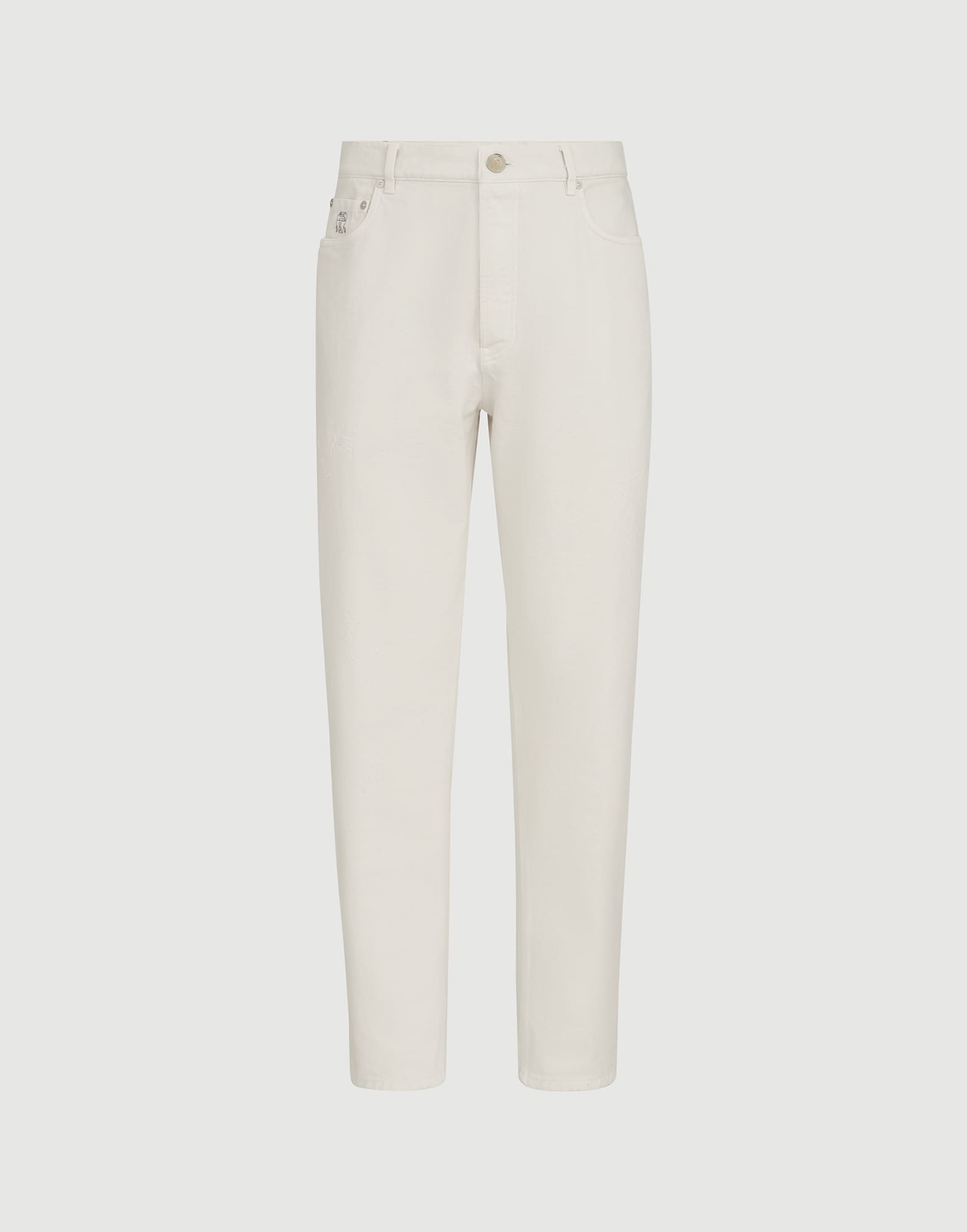 Garment-dyed denim trousers for Man in White | Brunello Cucinelli