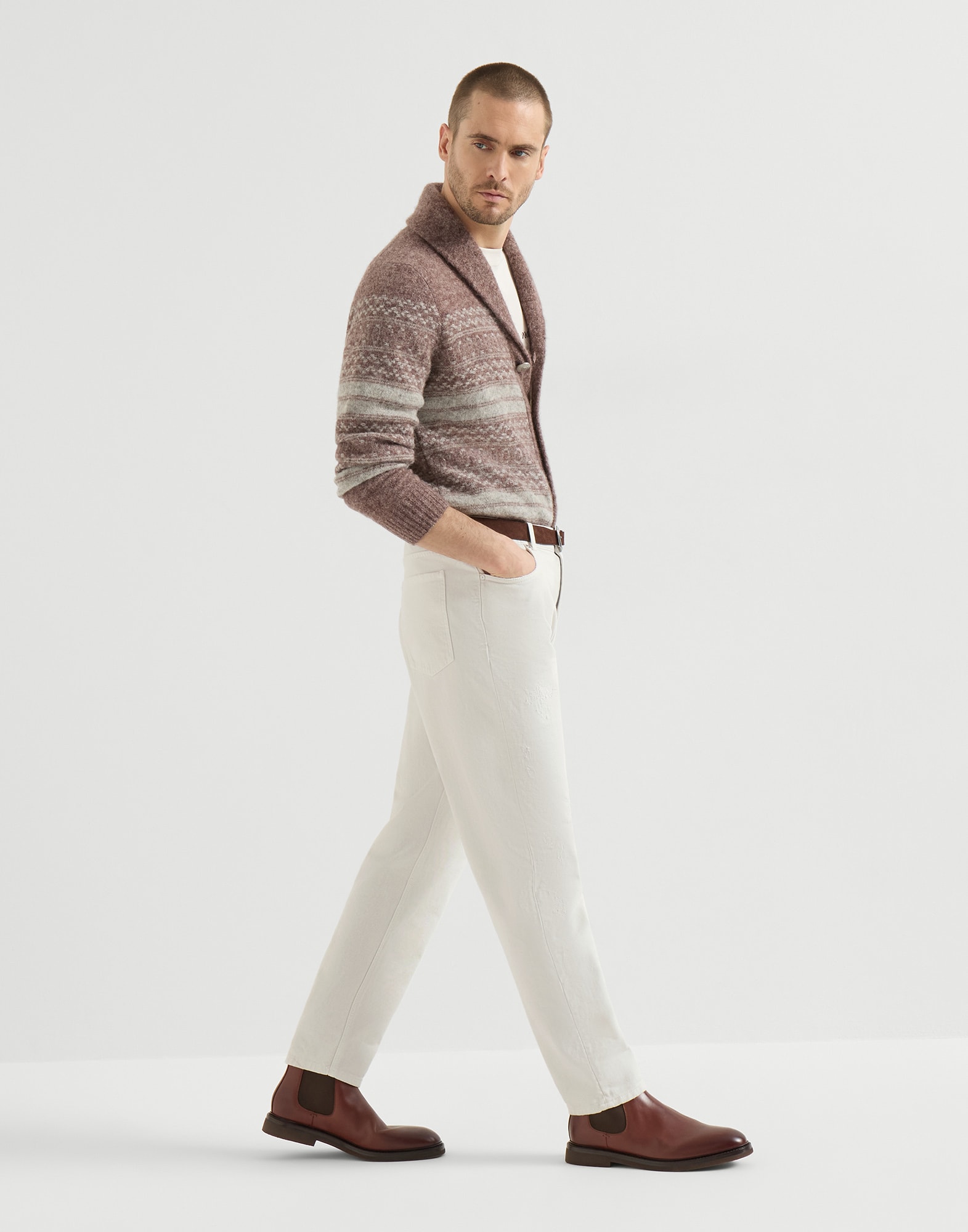 Garment-dyed denim trousers for Man in White | Brunello Cucinelli