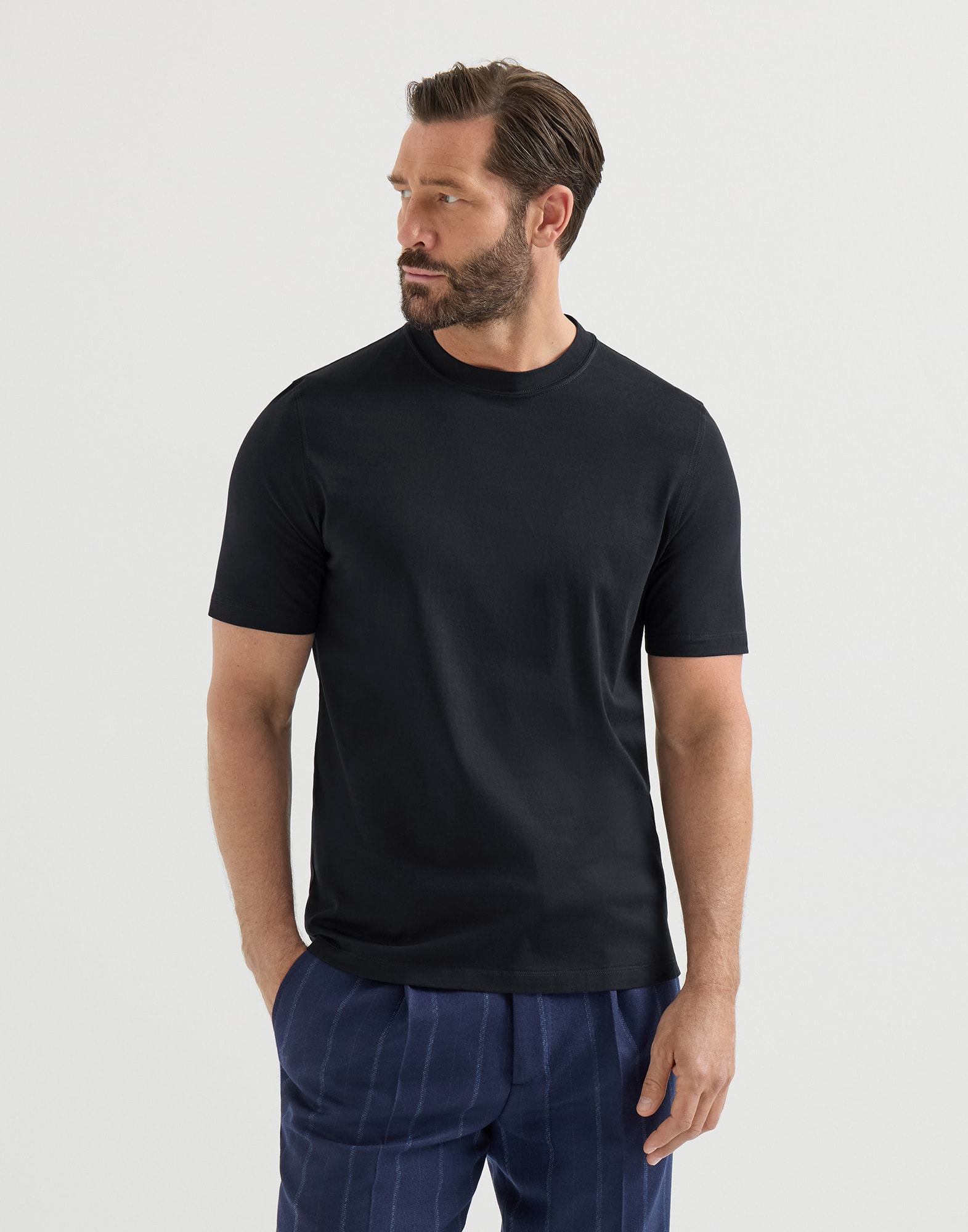 メンズ 向け ネイビーブルー コットンジャージー クルーネックTシャツ