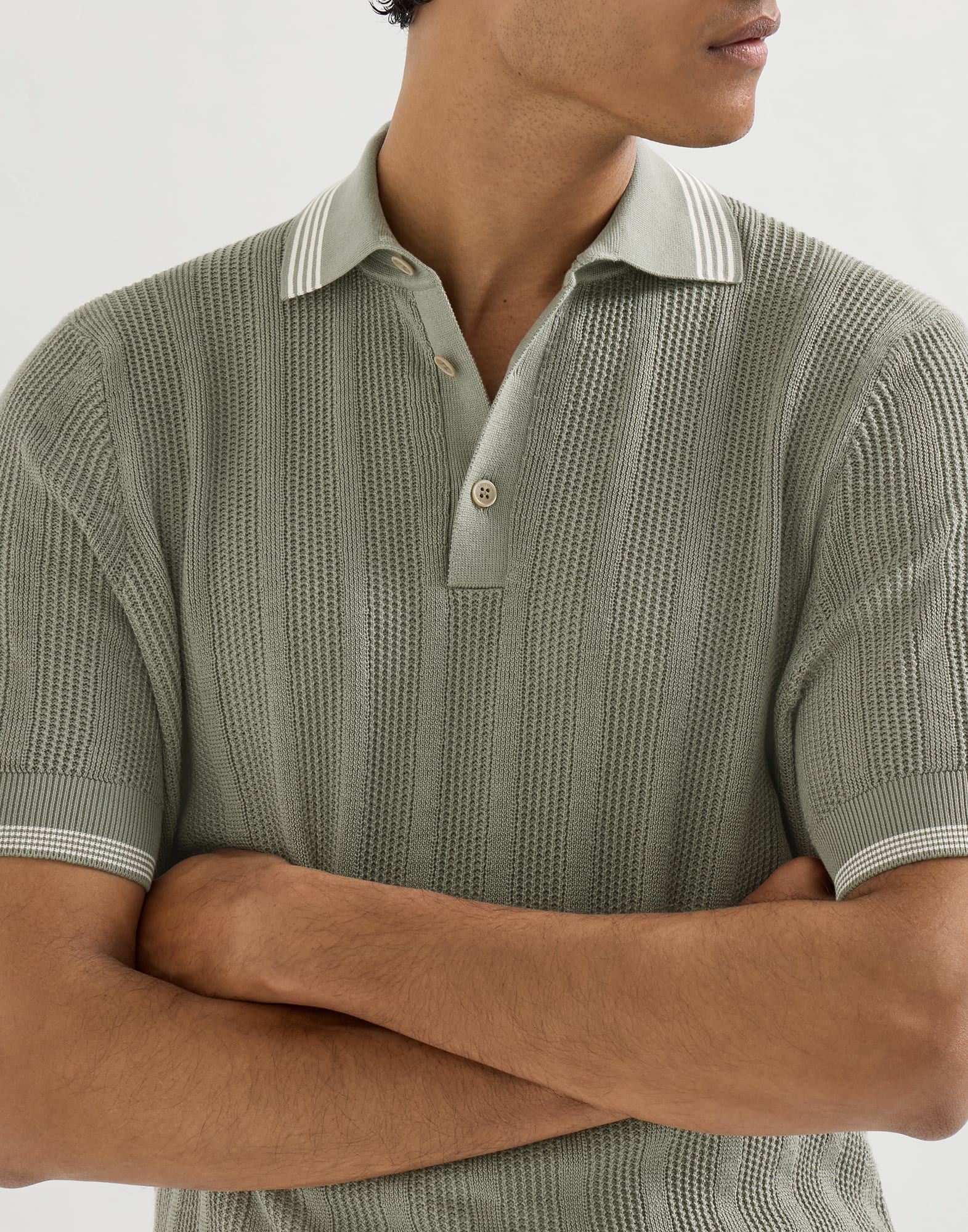 Cotton knit polo for Man in Khaki | Brunello Cucinelli