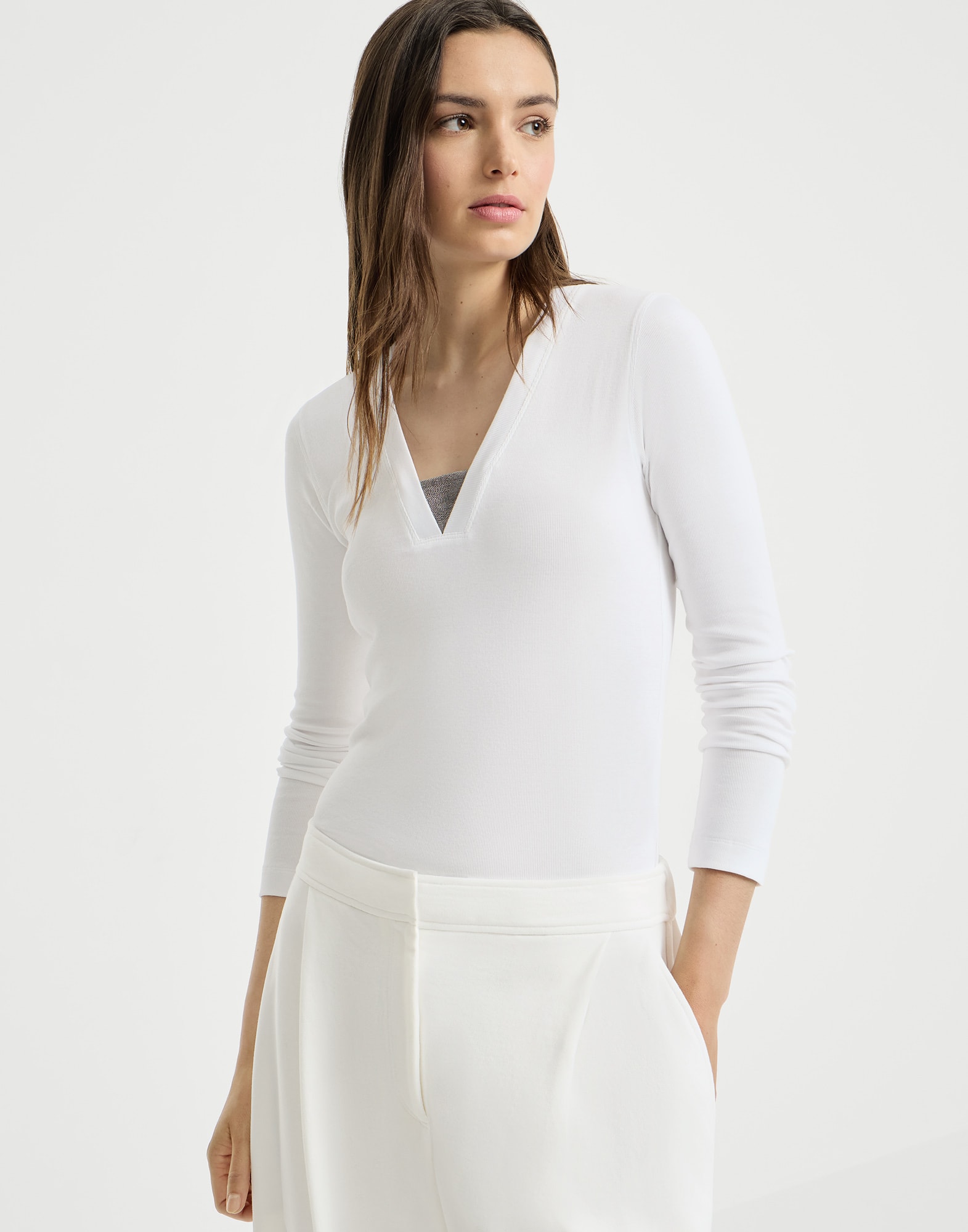 Jersey top with Precious Insert for Woman in White | Brunello