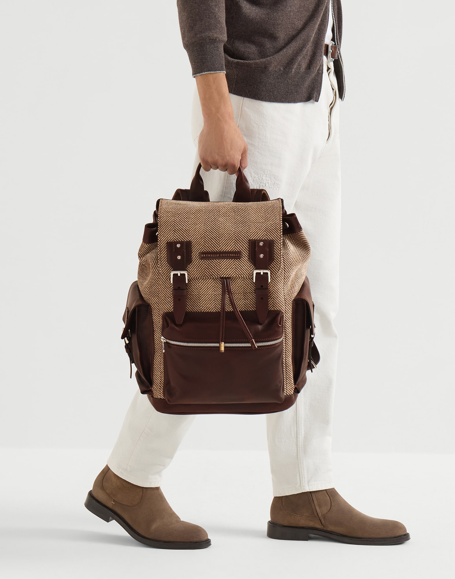 Calfskin and chevron city backpack for Man in Brown | Brunello