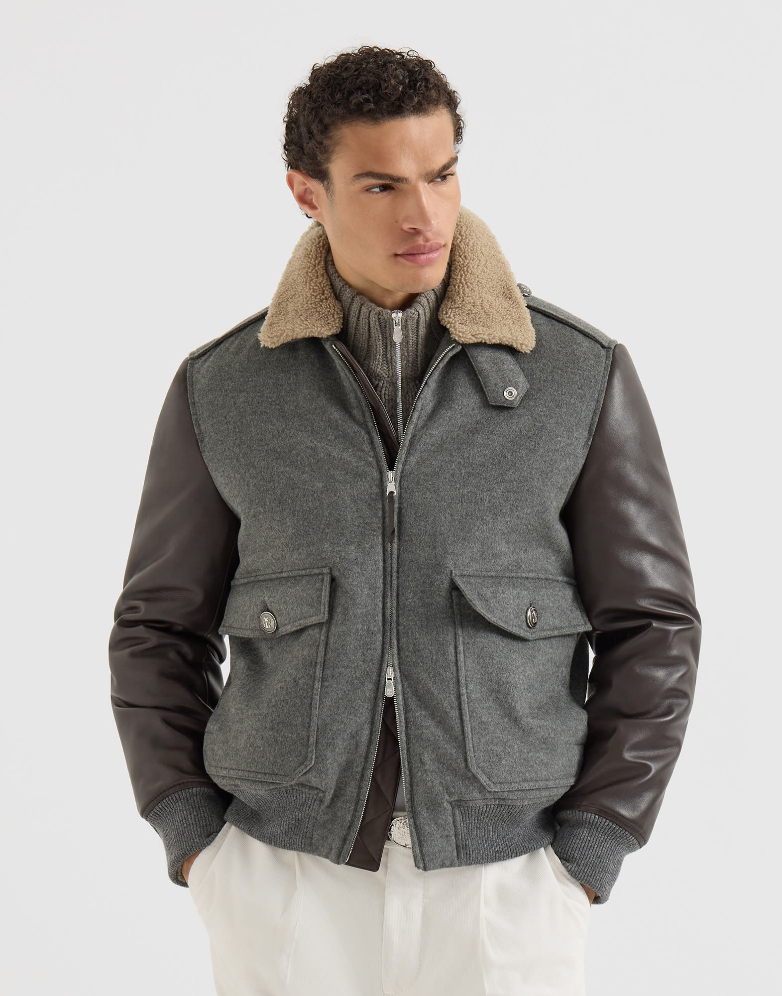 Cashmere beaver bomber jacket for Man in Medium Grey | Brunello