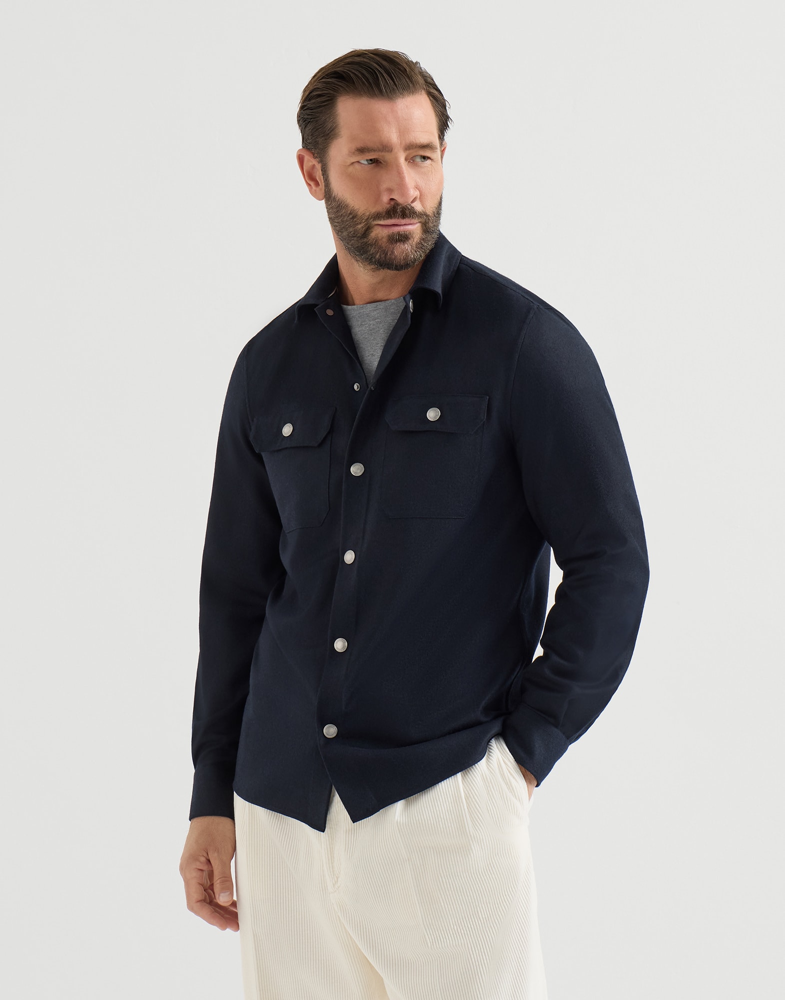 Overshirt with spread collar for Man in Denim | Brunello Cucinelli