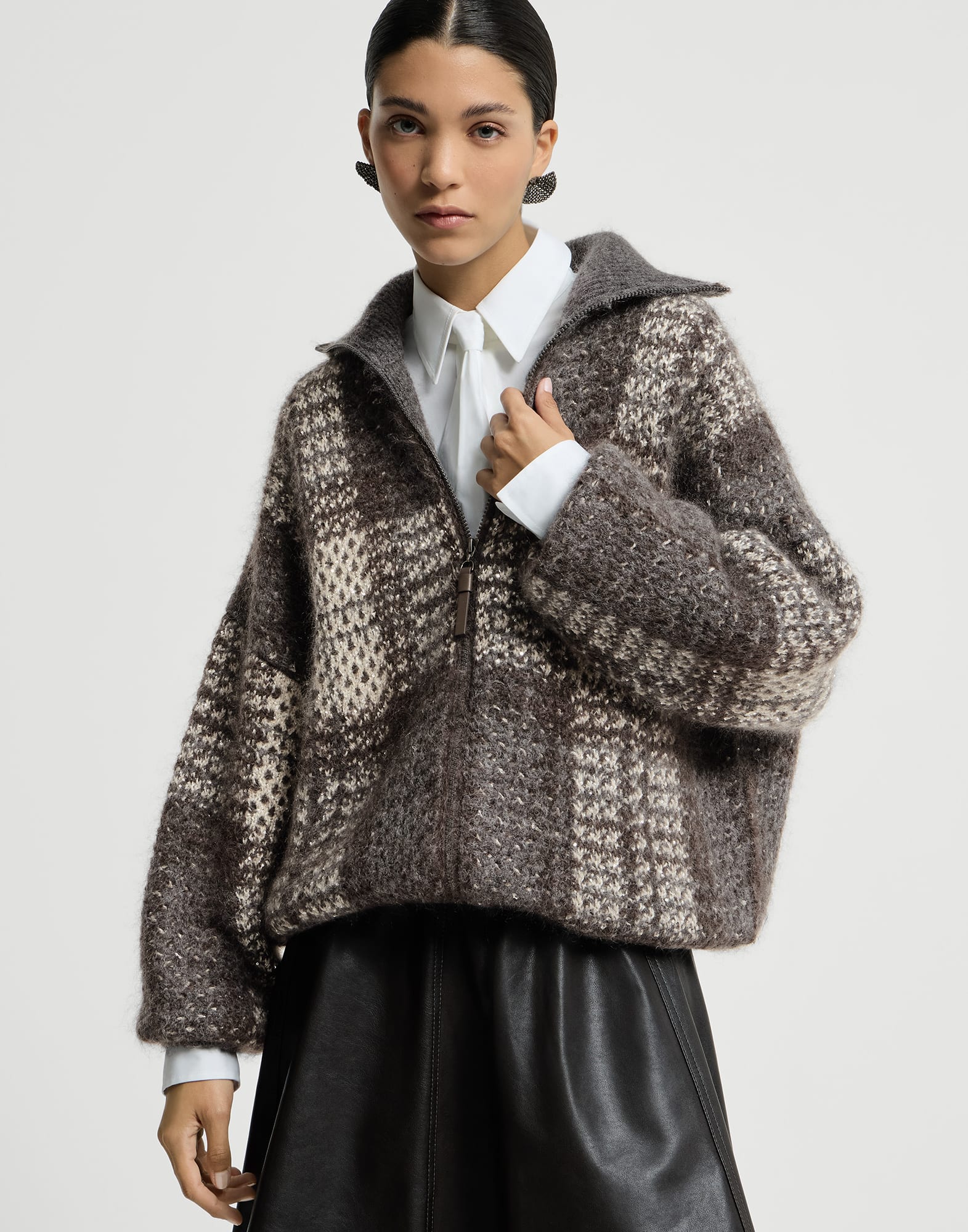 Dazzling Tartan double knit cardigan for Woman in Anthracite