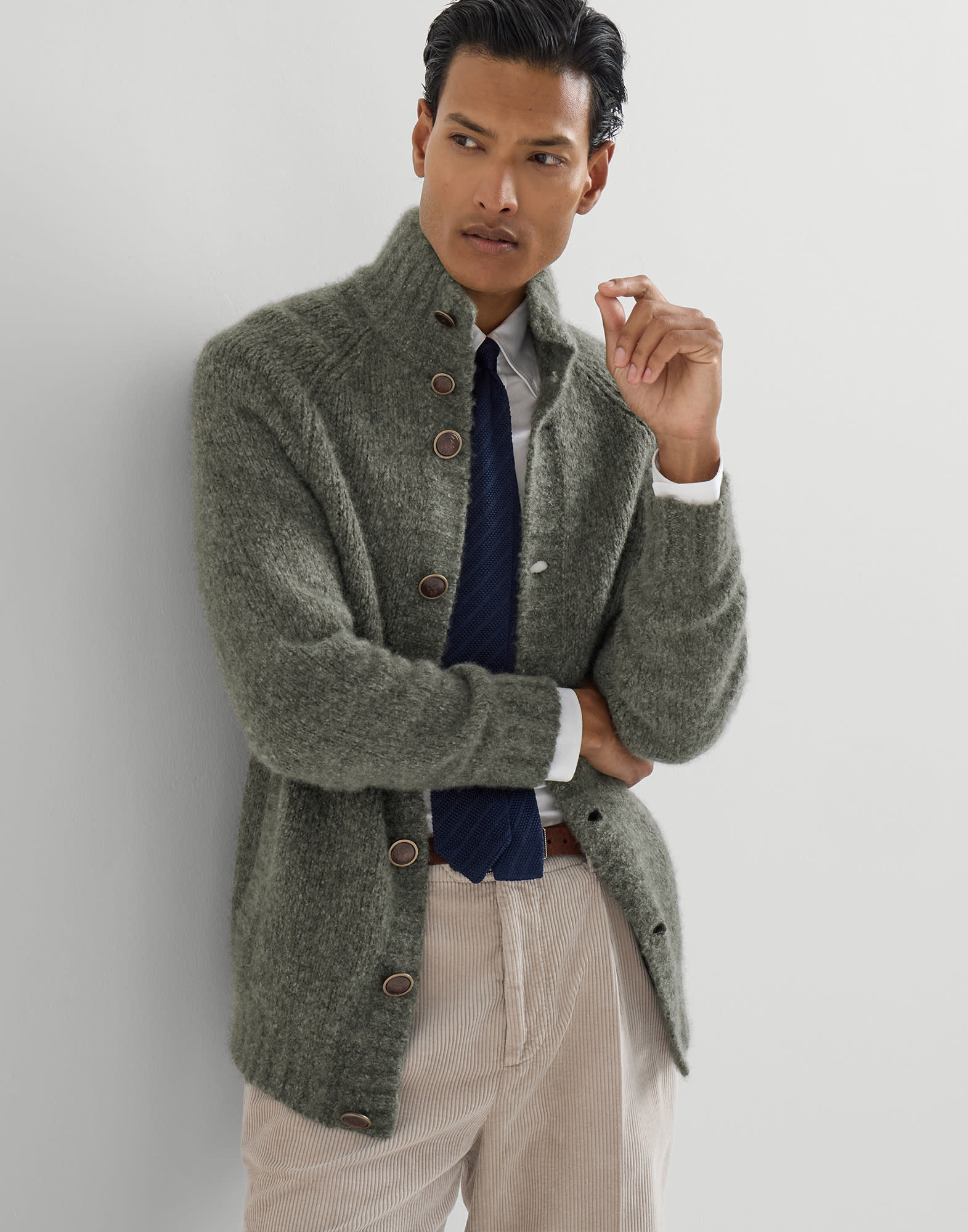 Cashmere and silk cardigan for Man in Military | Brunello Cucinelli