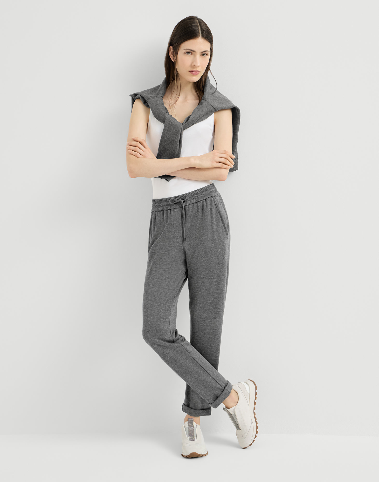 Interlock trousers with Shiny Pocket for Woman in Dark Grey