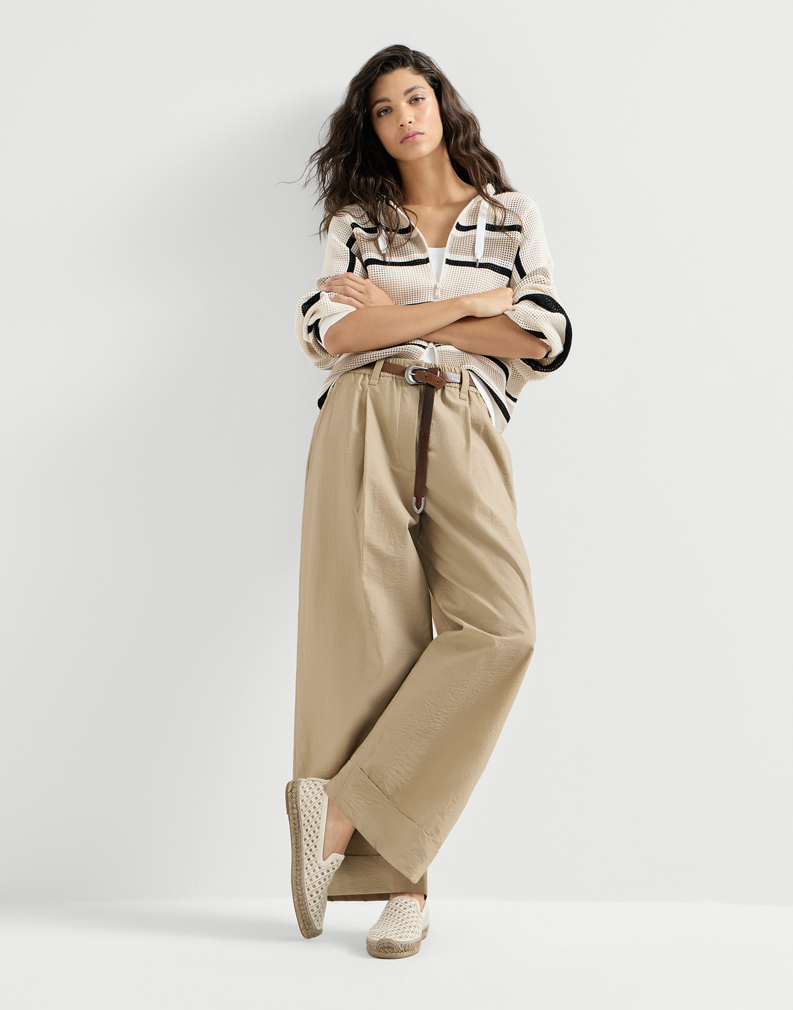 Boxy pleated trousers for Woman in Cappuccino | Brunello Cucinelli