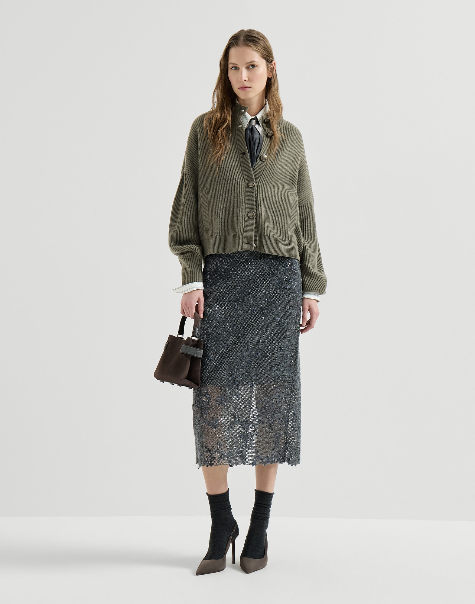 Dazzling lace embroidery skirt for Woman in Dark Grey | Brunello
