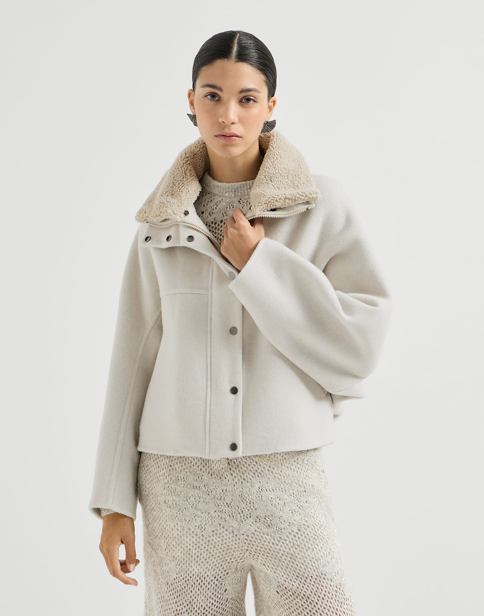 Handcrafted outerwear jacket for Woman in Ivory | Brunello Cucinelli