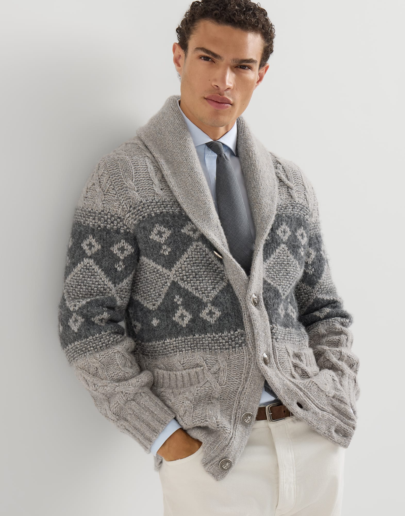 Chiné cardigan for Man in Grey | Brunello Cucinelli