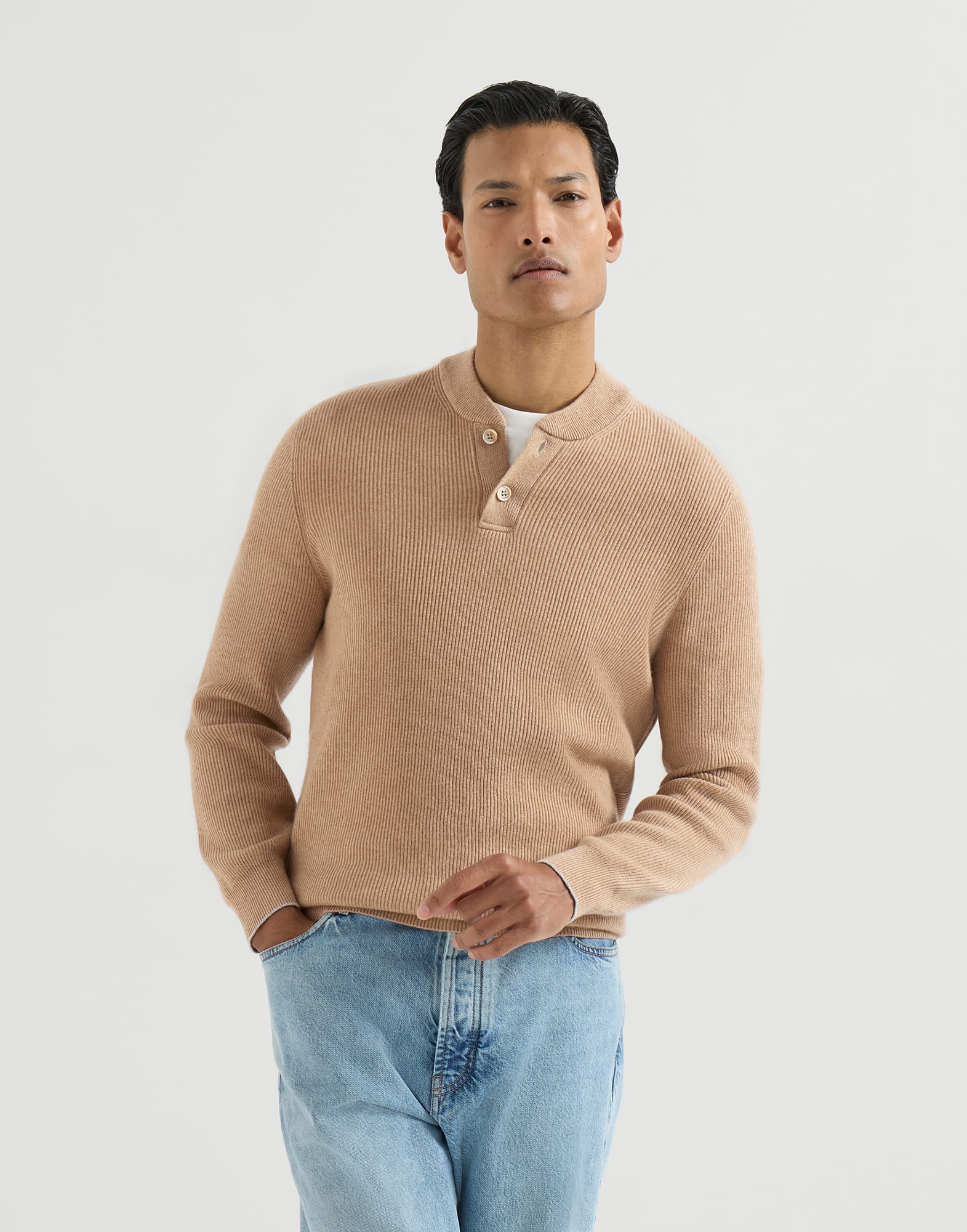 Sweater with Henley collar for Man in Camel | Brunello Cucinelli