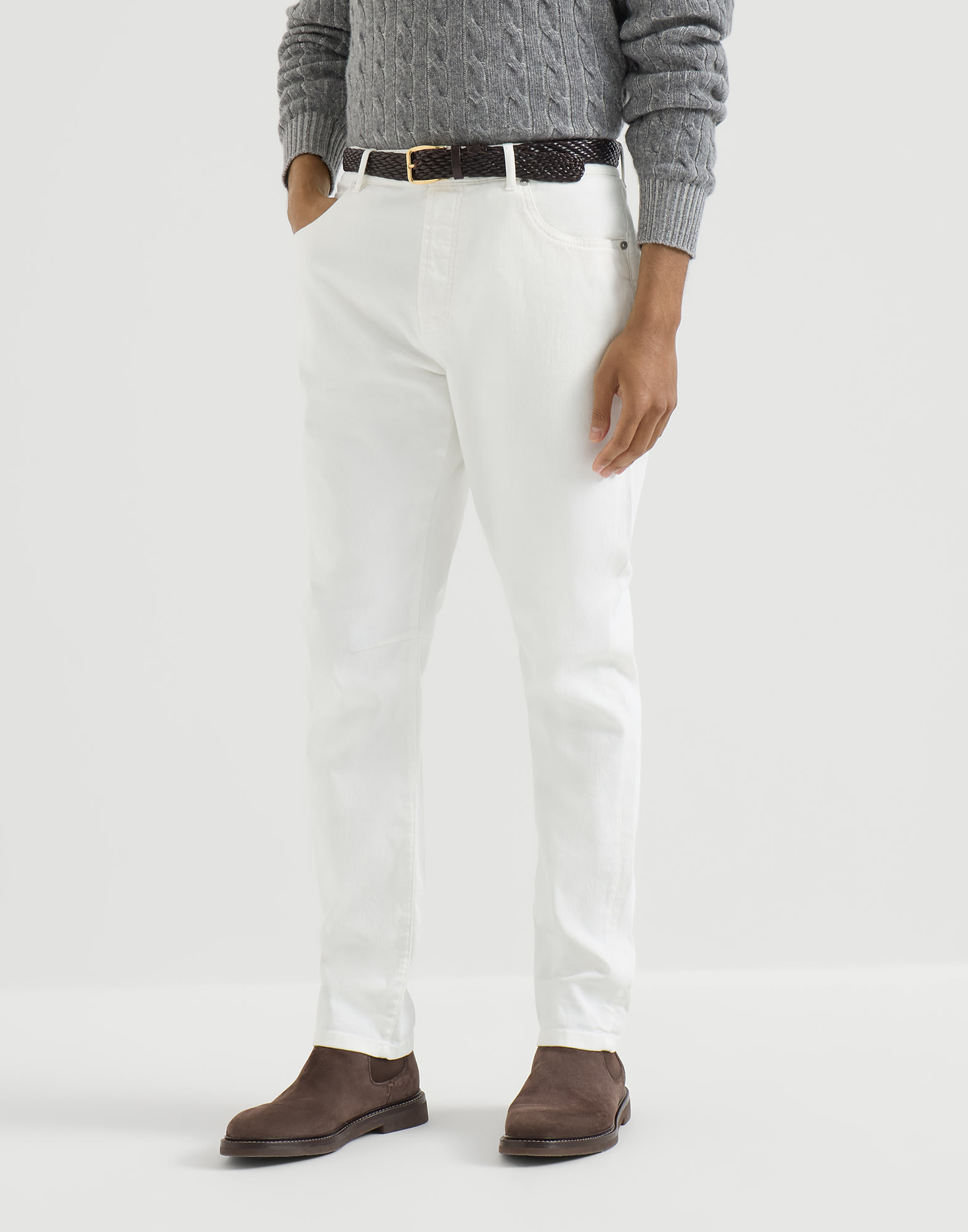 Comfort denim trousers for Man in White | Brunello Cucinelli