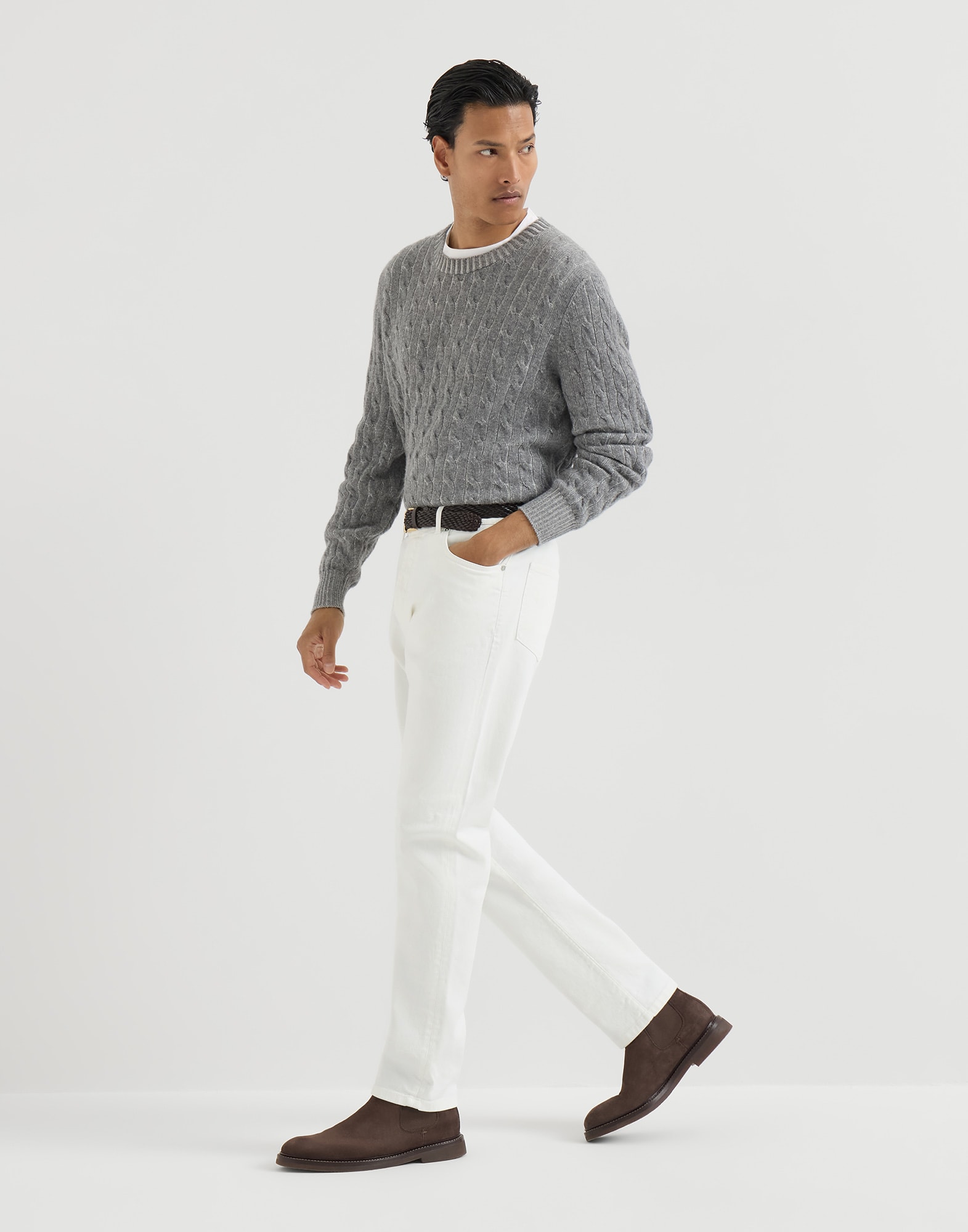 Comfort denim trousers for Man in White | Brunello Cucinelli
