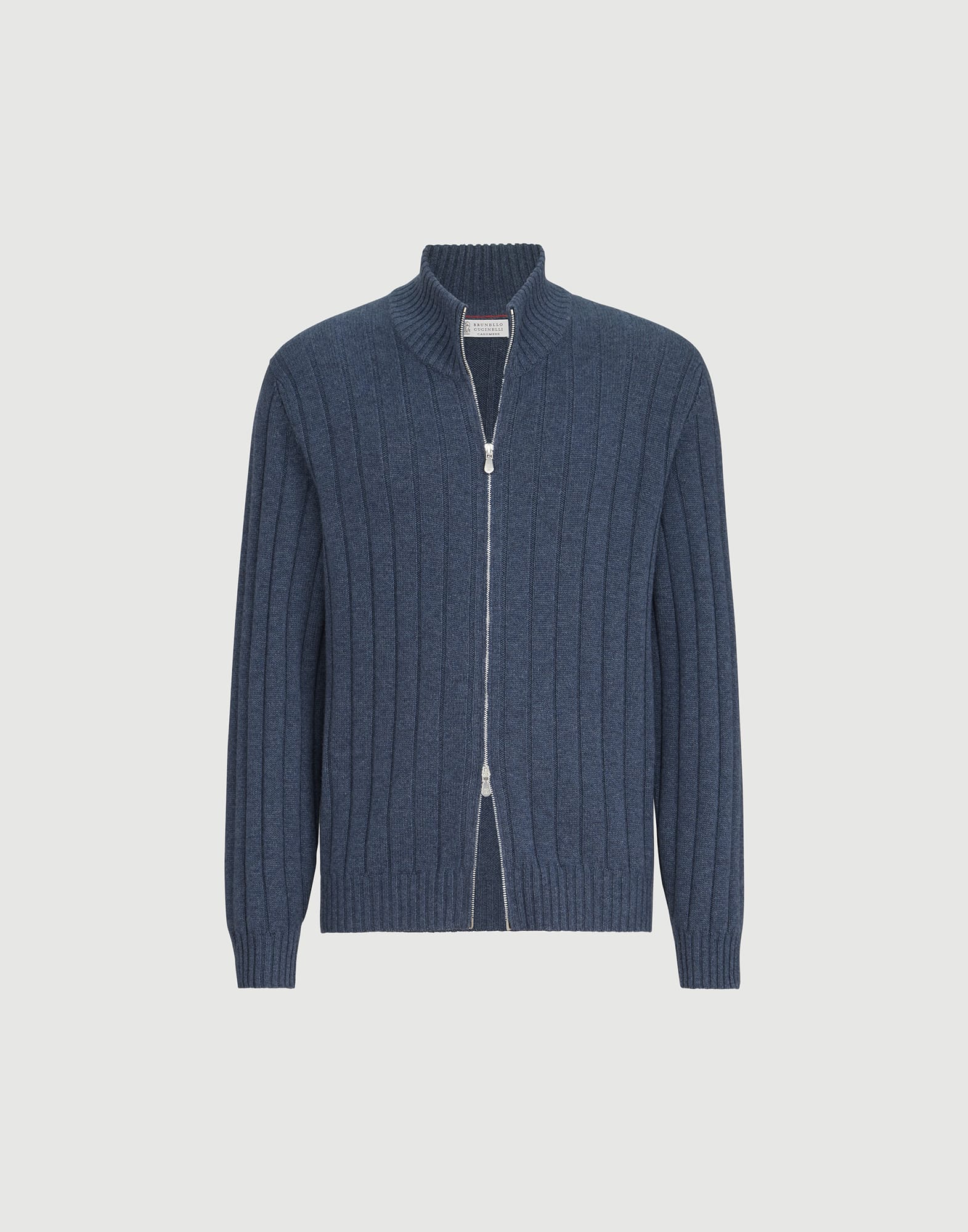 Cashmere cardigan with zipper for Man in Denim | Brunello Cucinelli