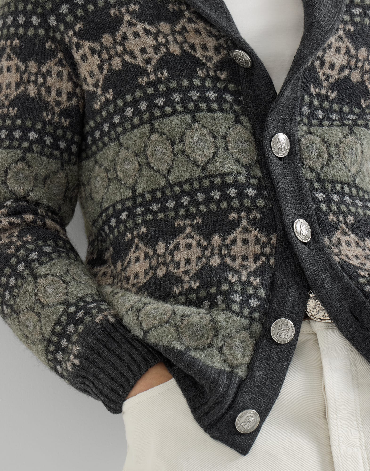 Jacquard cardigan for Man in Dark Grey | Brunello Cucinelli