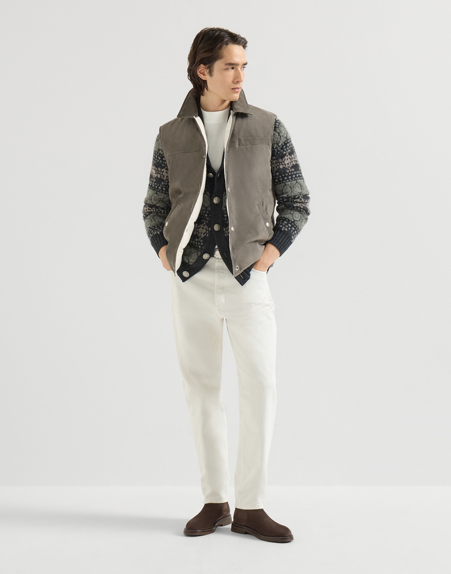 Jacquard cardigan for Man in Dark Grey | Brunello Cucinelli