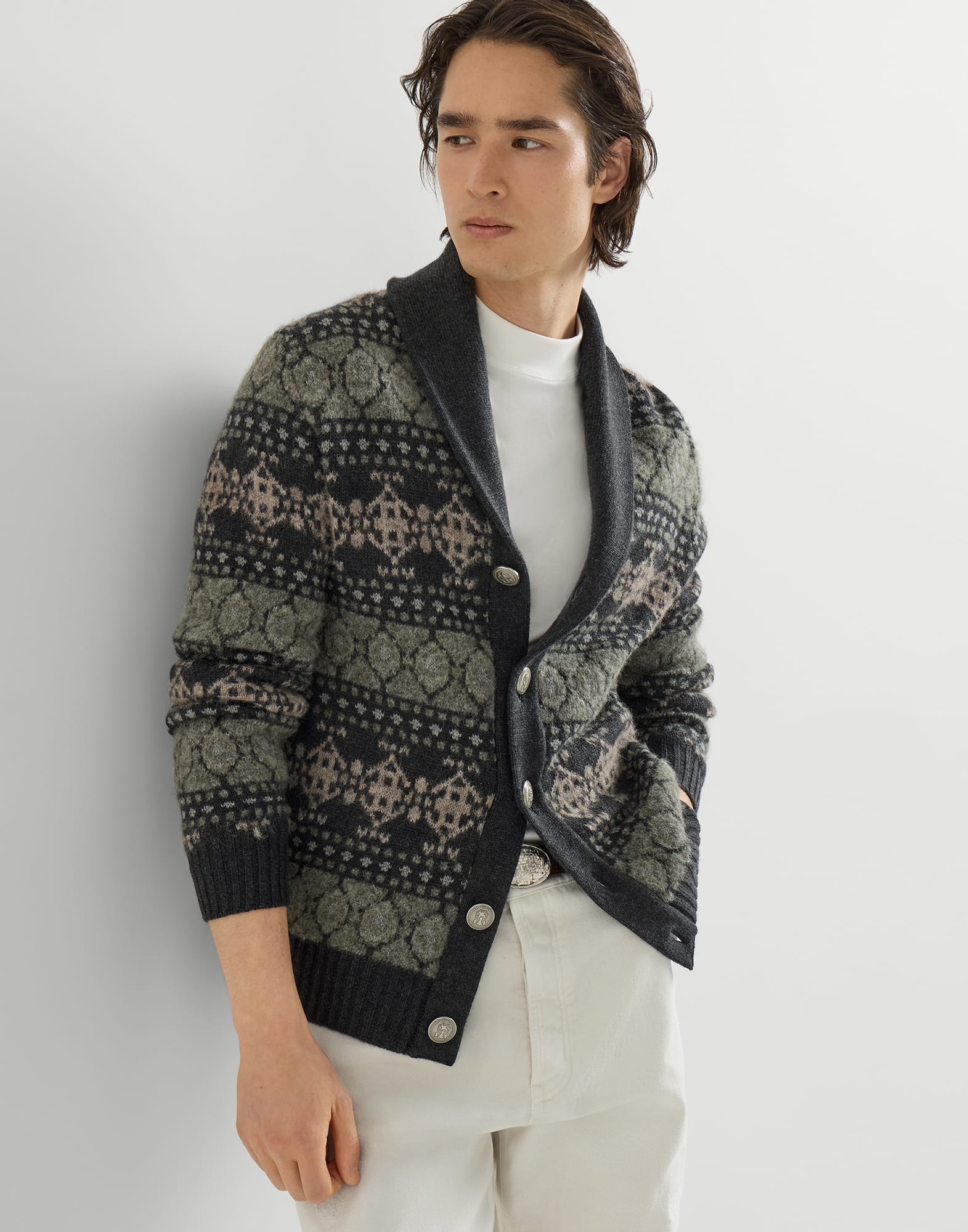 Jacquard cardigan for Man in Dark Grey | Brunello Cucinelli