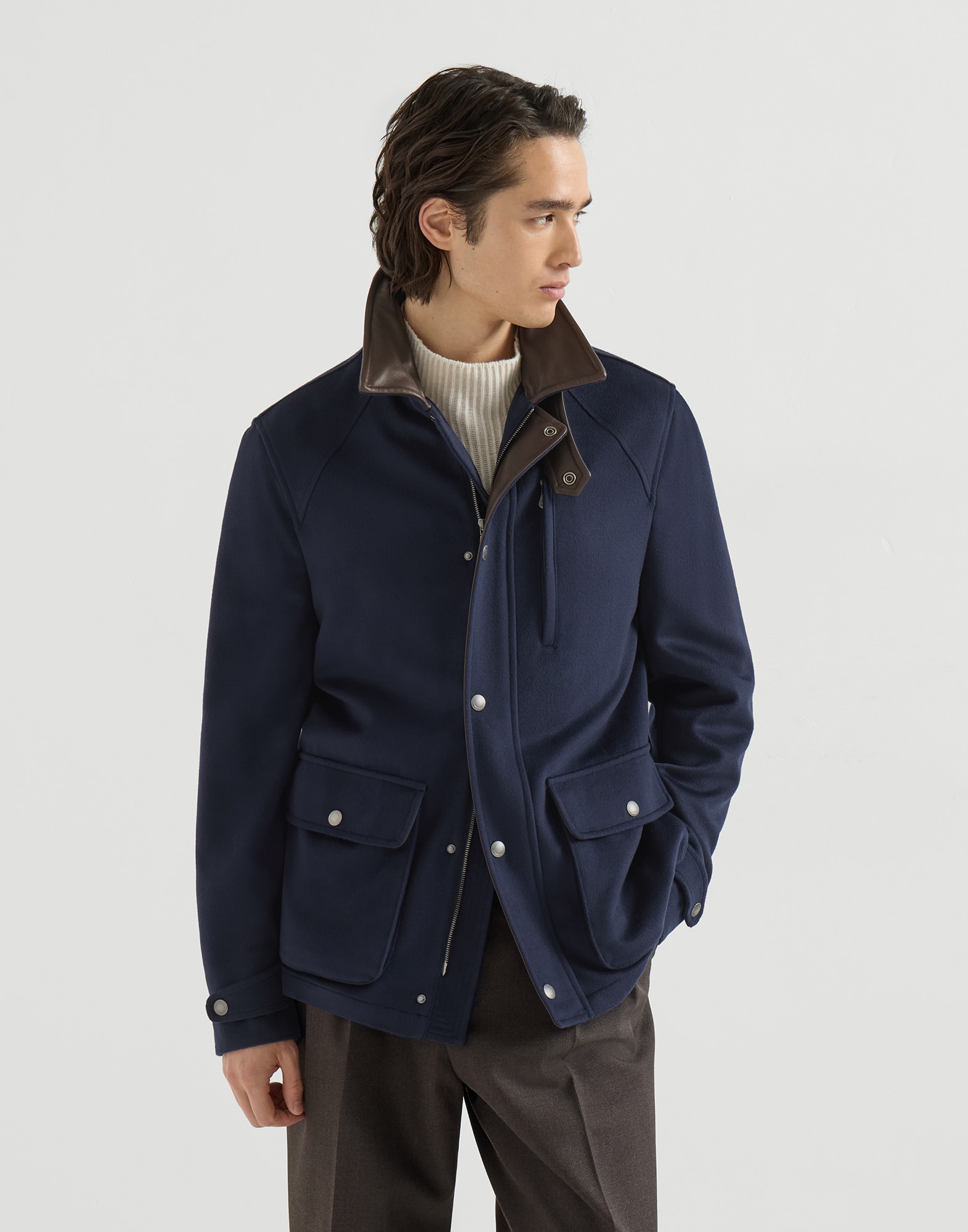 Virgin wool field jacket for Man in Blue | Brunello Cucinelli