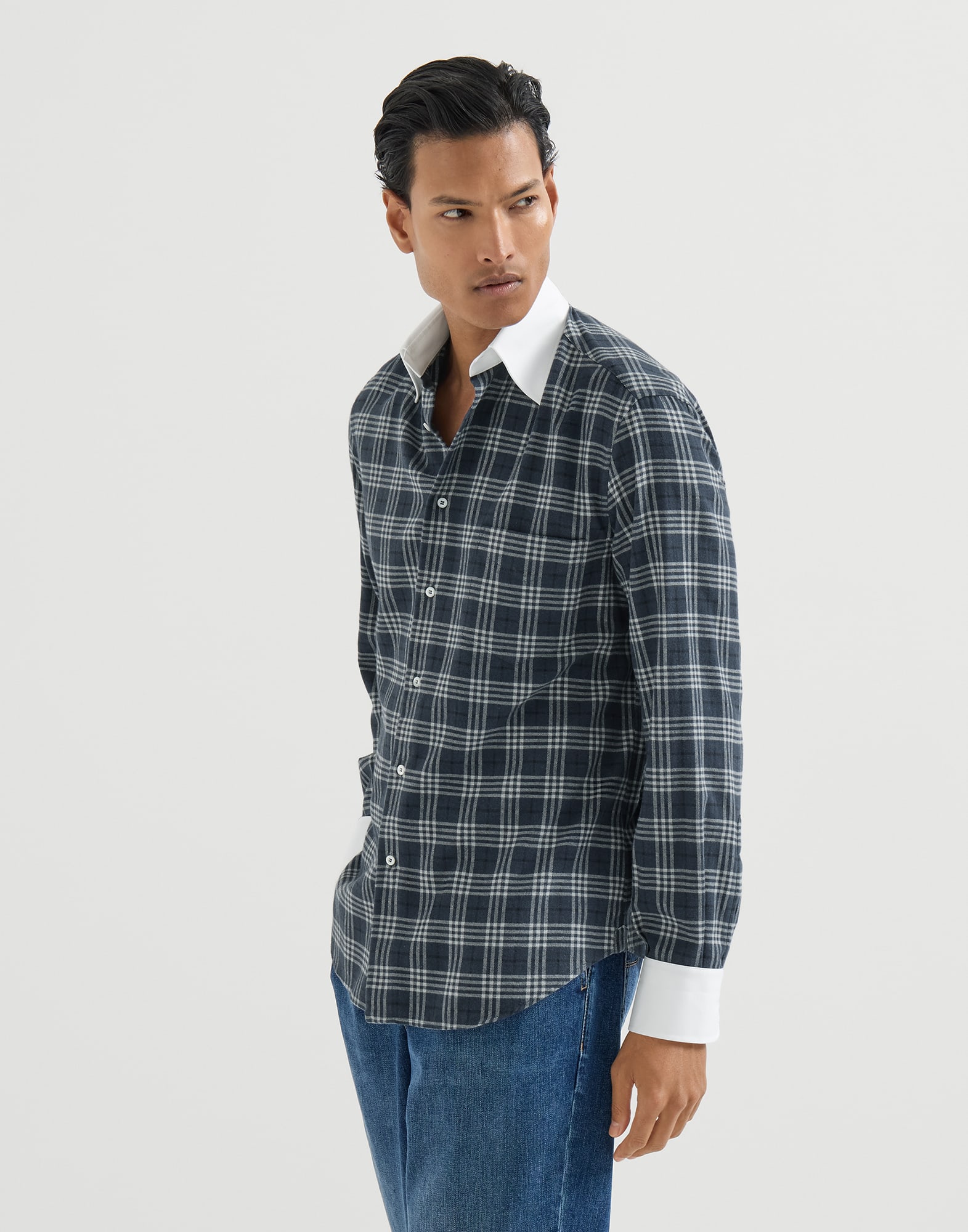 Flannel shirt for Man in Denim | Brunello Cucinelli