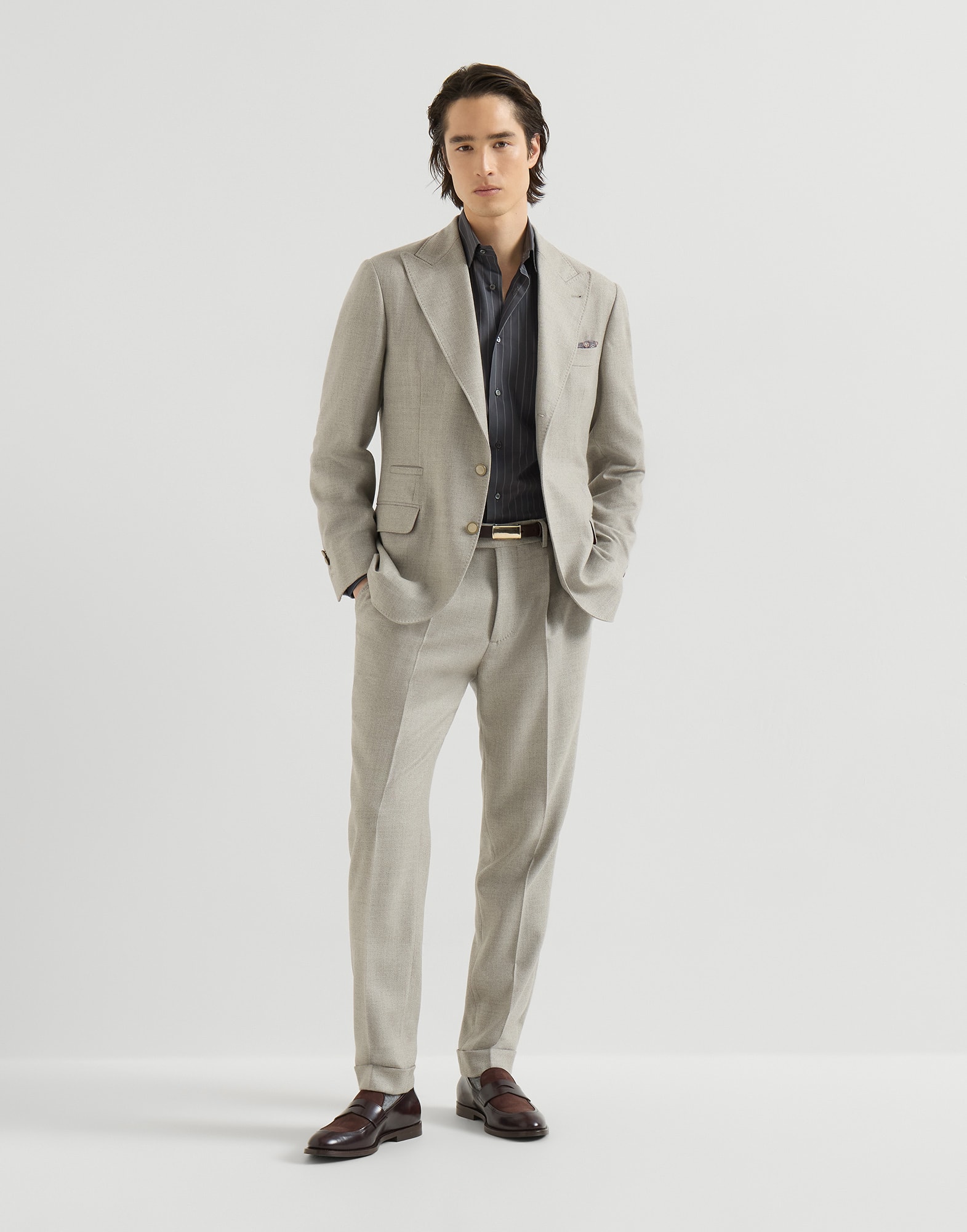 Pinstripe cotton overshirt for Man in Dark Grey | Brunello Cucinelli