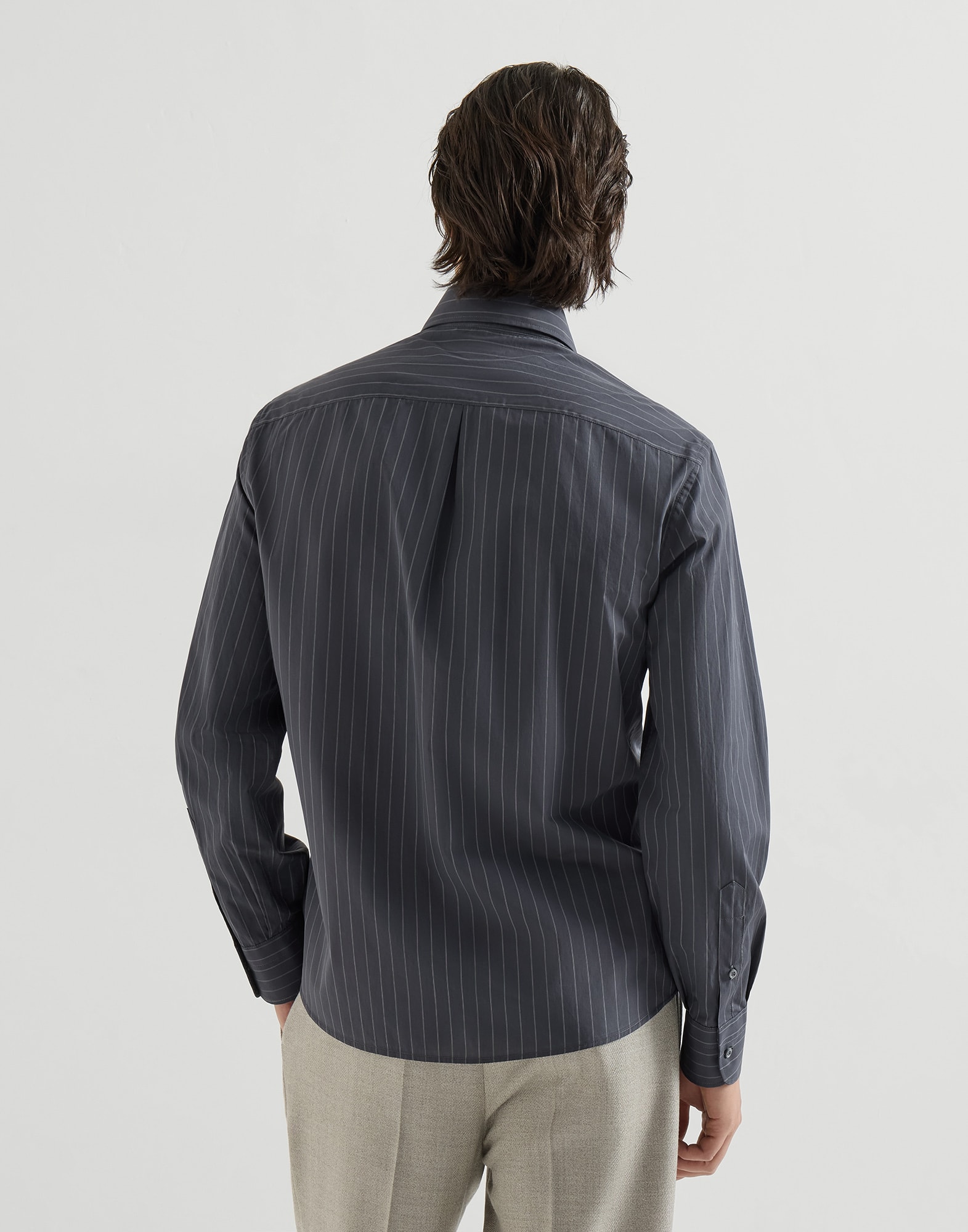 Pinstripe cotton overshirt for Man in Dark Grey | Brunello Cucinelli