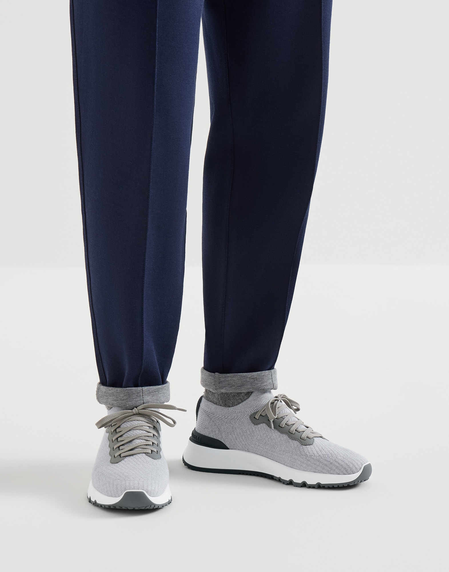 Cotton and calfskin runners for Man in Anthracite | Brunello Cucinelli
