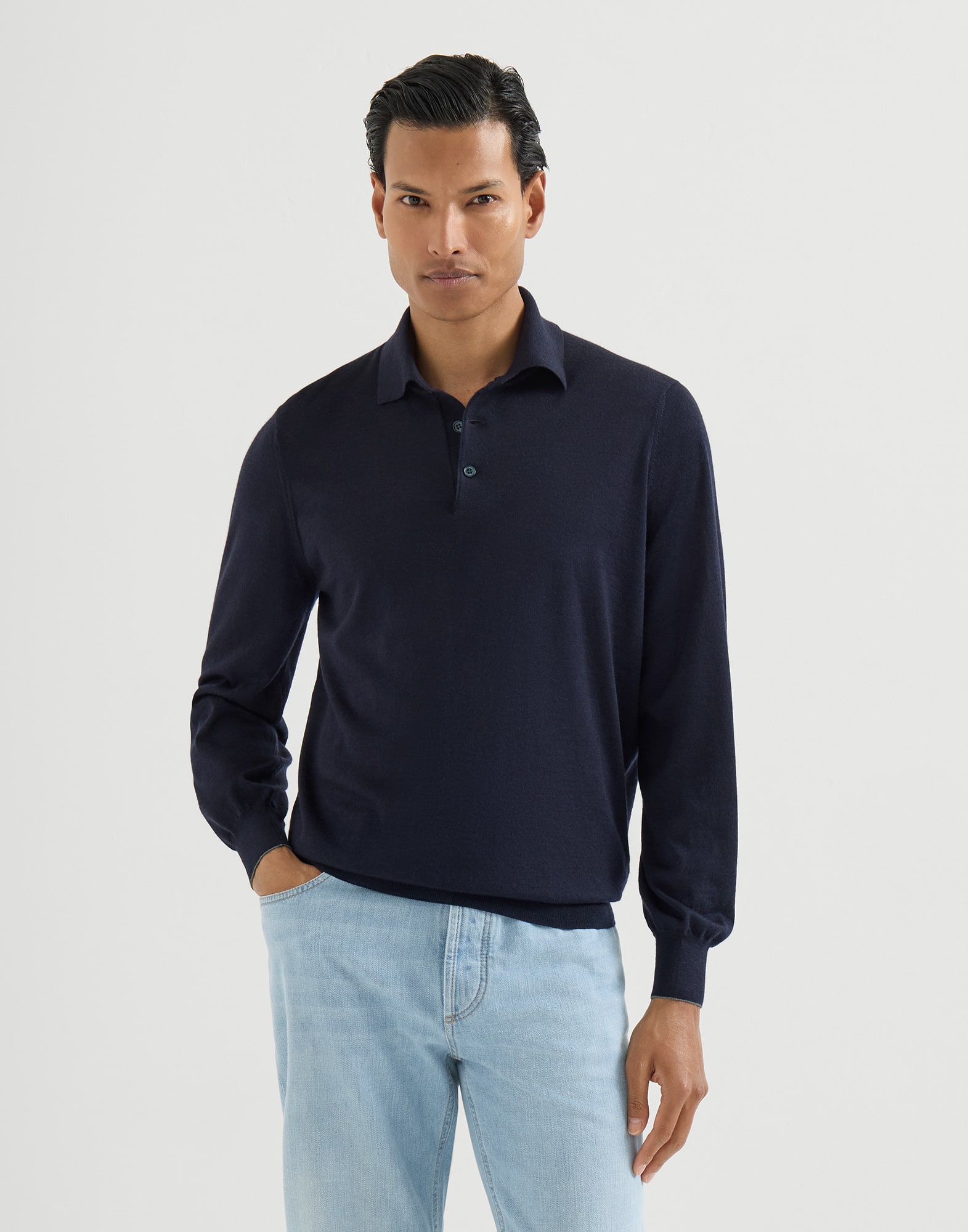 Lightweight knit Polo for Man in Navy Blue | Brunello Cucinelli