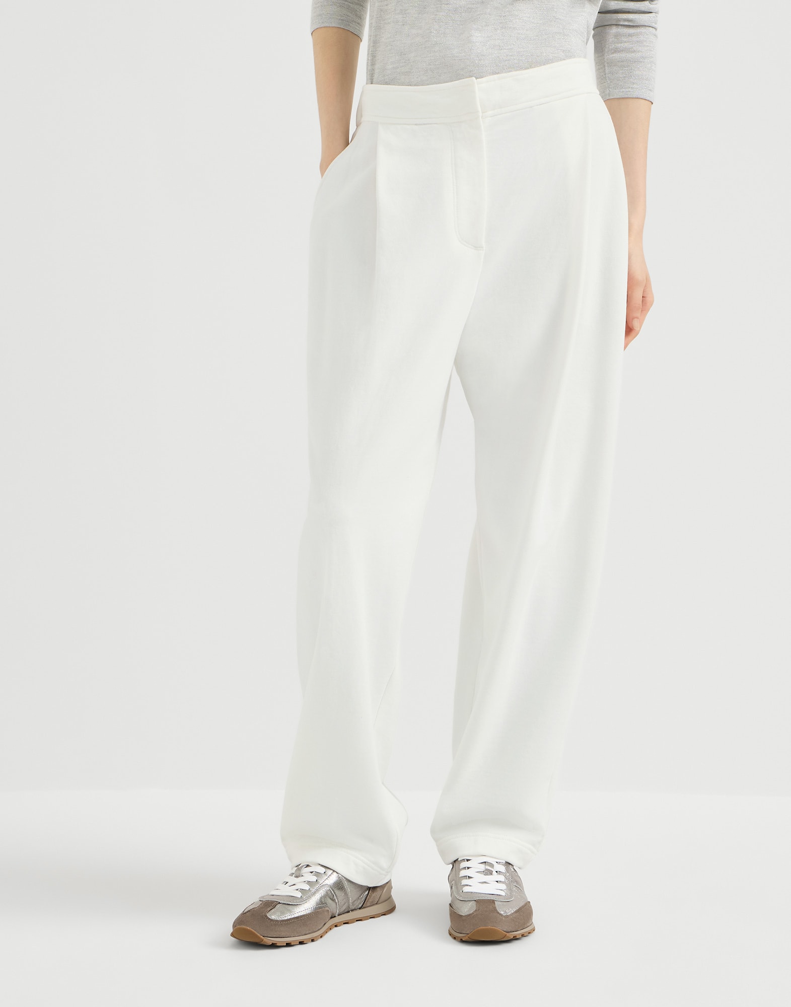Smooth French terry pleated track trousers White Woman - Brunello Cucinelli