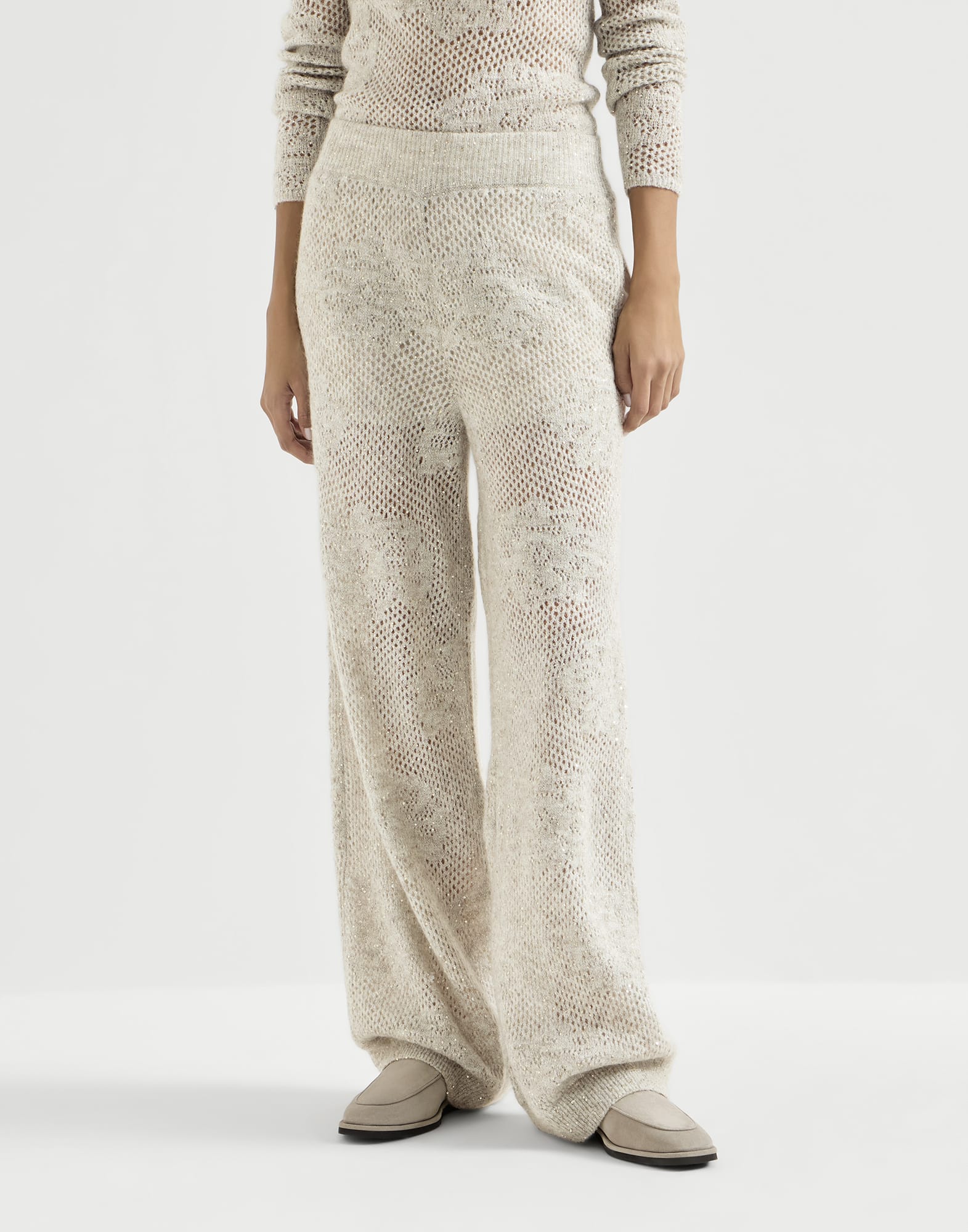 Lace flowers track trousers for Woman in Buff | Brunello Cucinelli