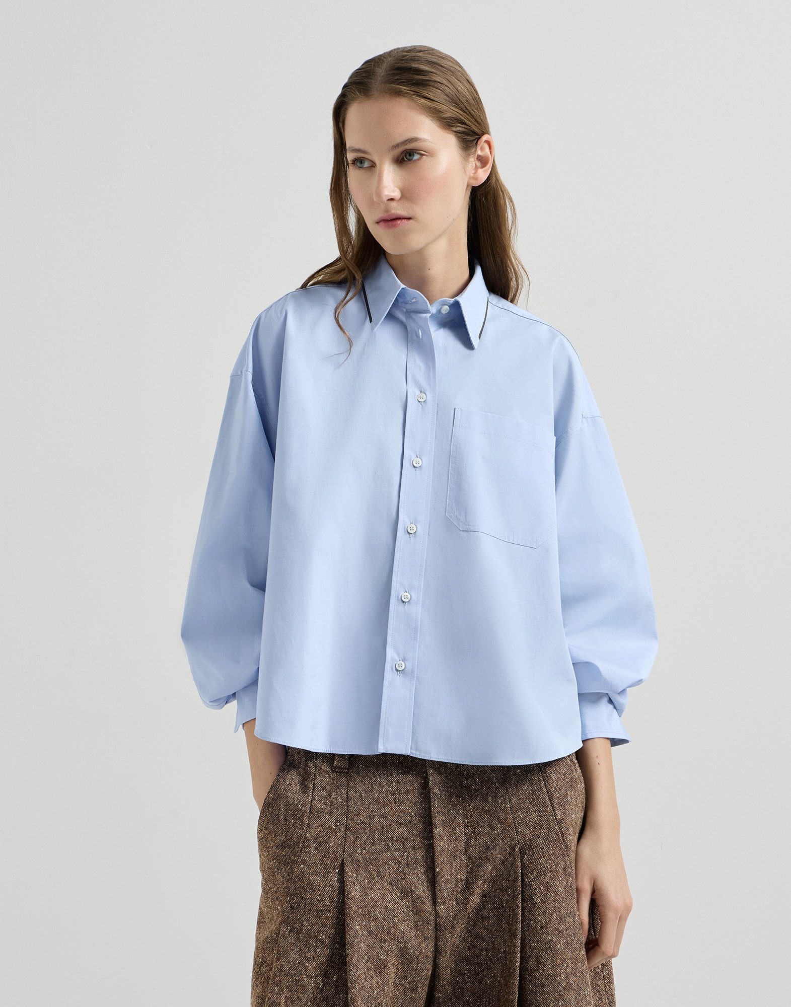 Poplin shirt with monili Oxford Blue Woman - Brunello Cucinelli
