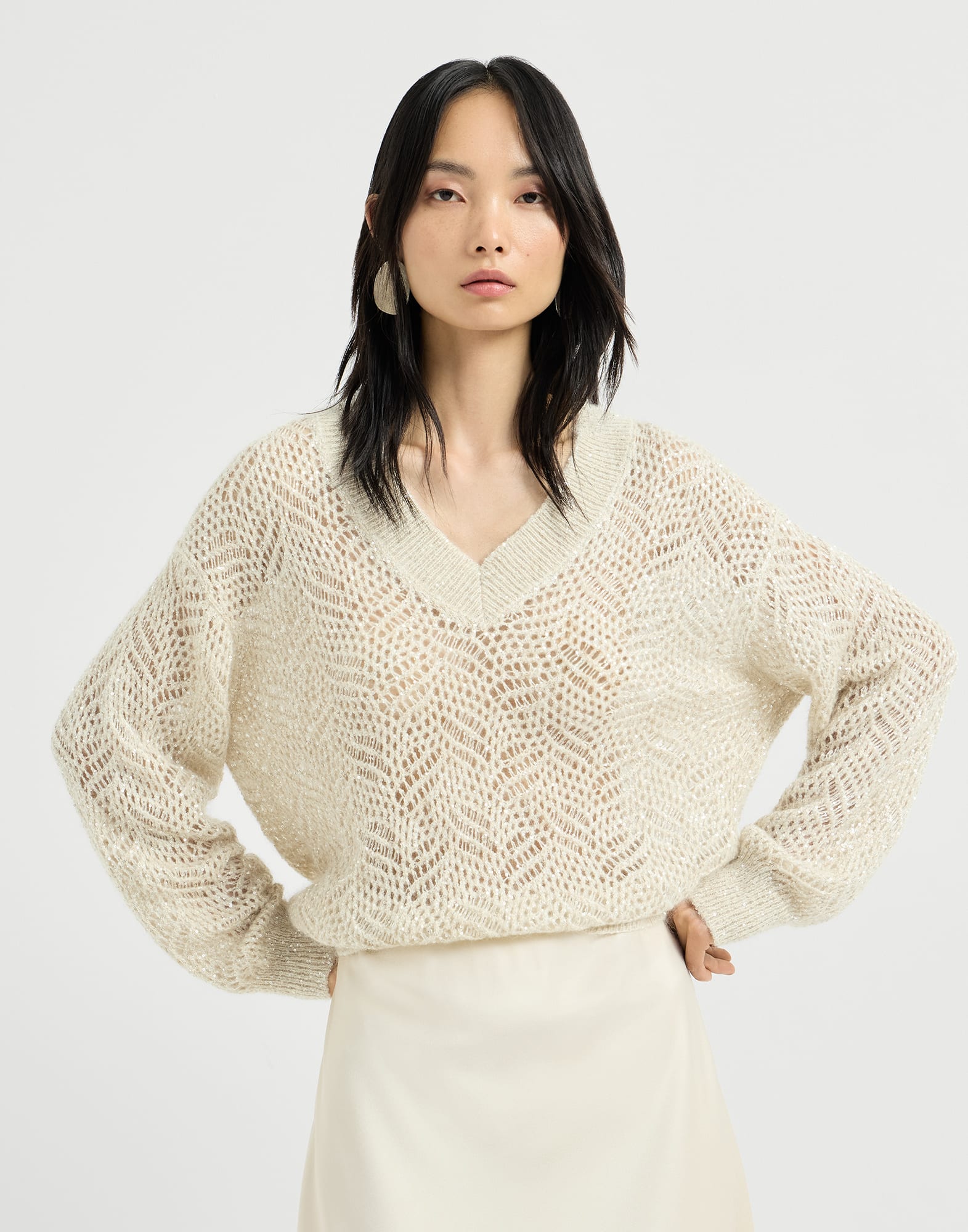 炫彩抽象叶纹针织衫 米白 女款 - Brunello Cucinelli