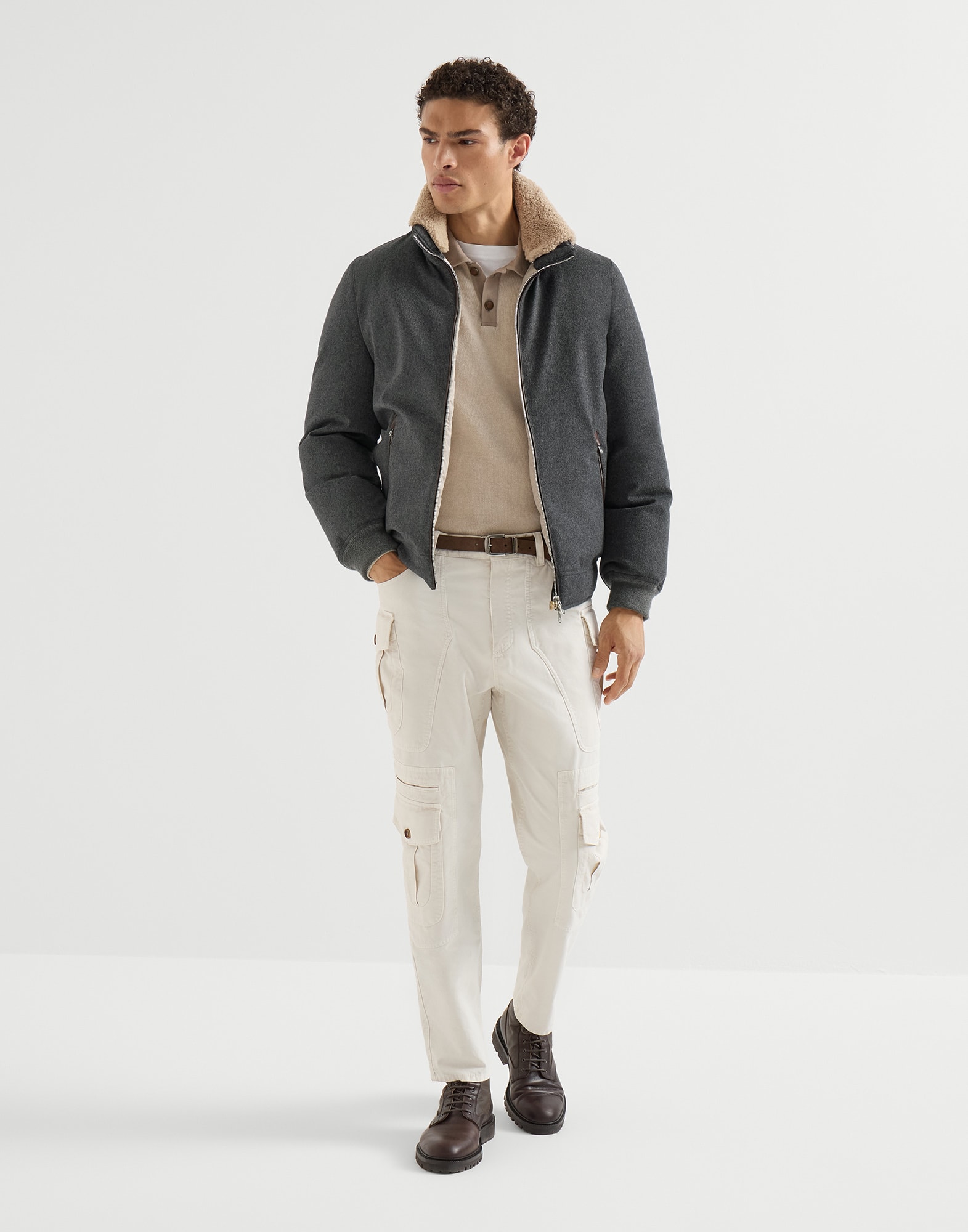 Down jacket with hood for Man in Dark Grey | Brunello Cucinelli