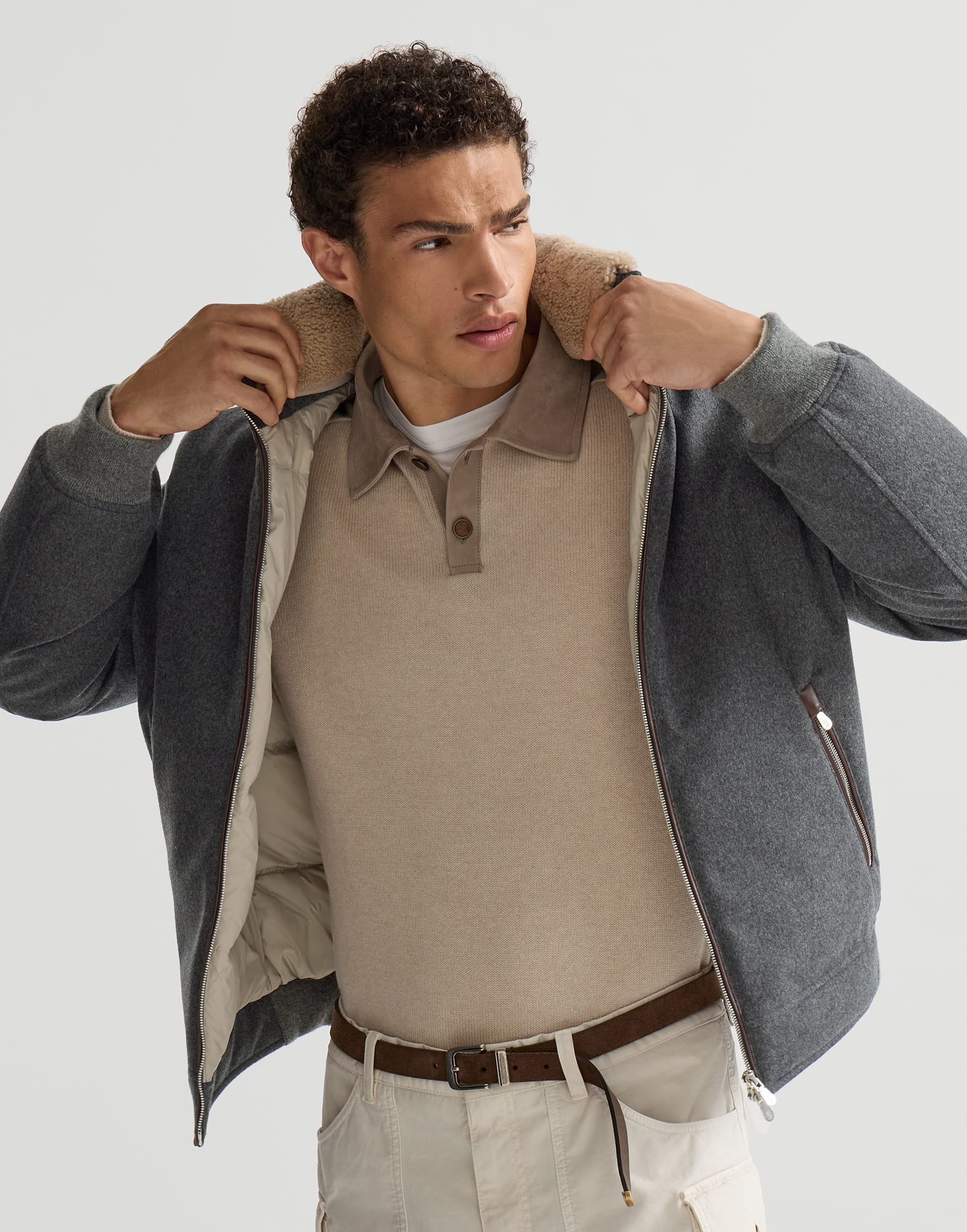Down jacket with hood for Man in Dark Grey | Brunello Cucinelli