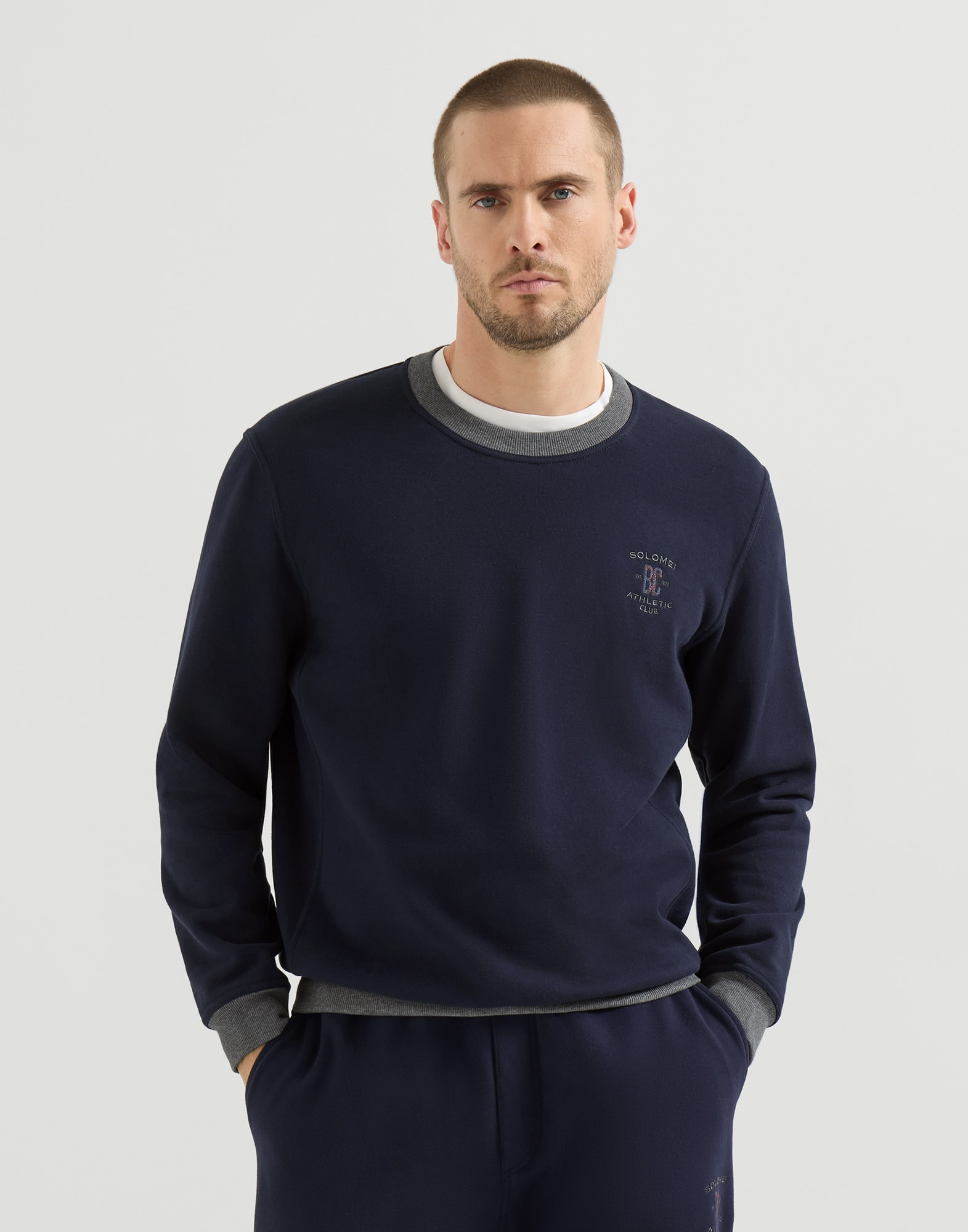 Sweatshirt with embroidery for Man in Cobalt | Brunello Cucinelli