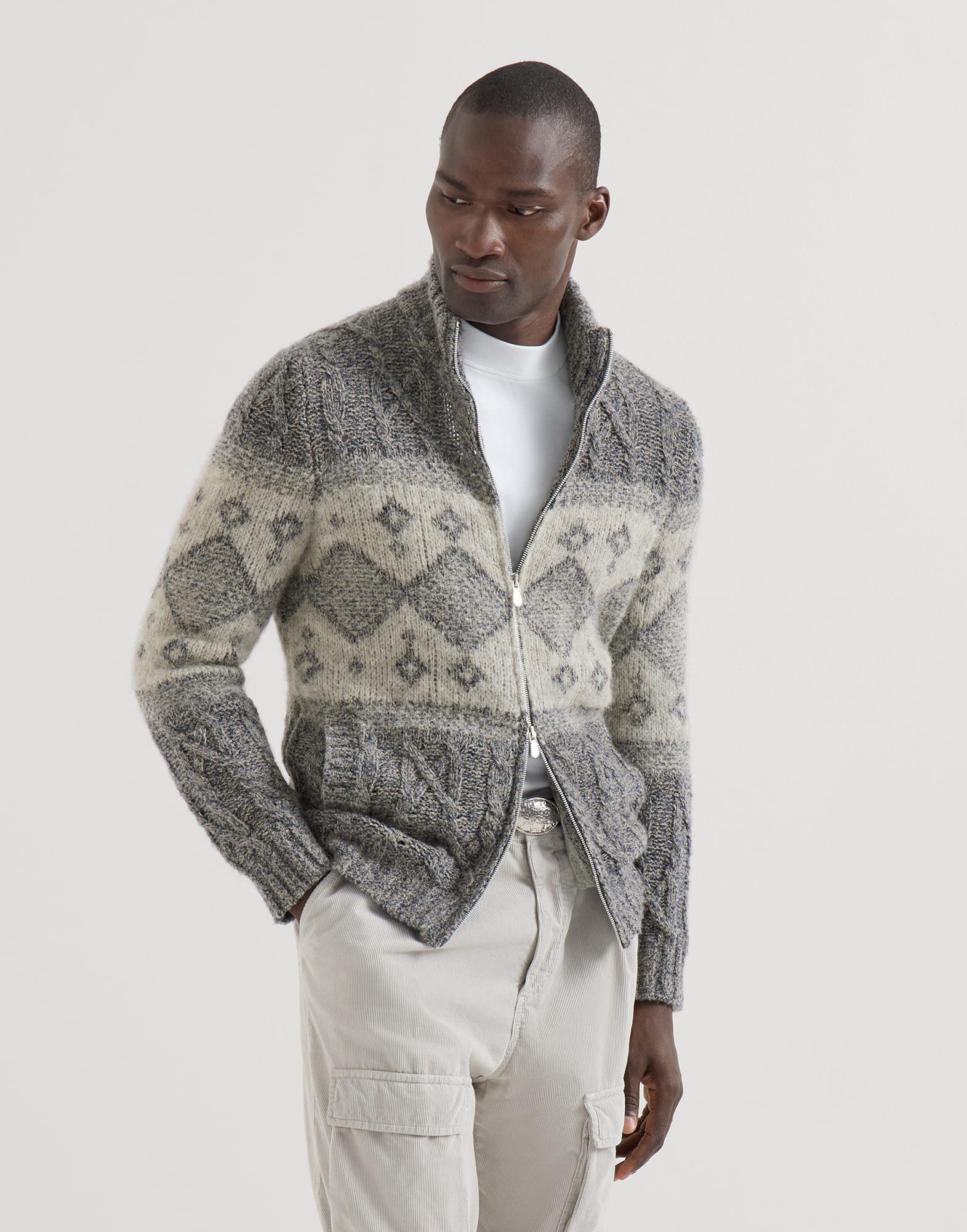 Cable knit cardigan for Man in Cerulean | Brunello Cucinelli