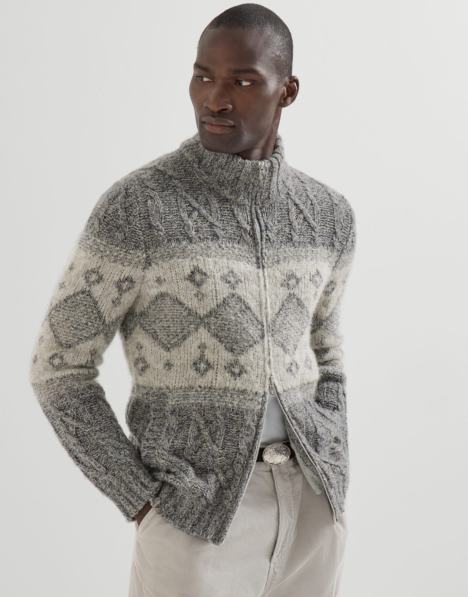 Cable knit cardigan for Man in Cerulean | Brunello Cucinelli